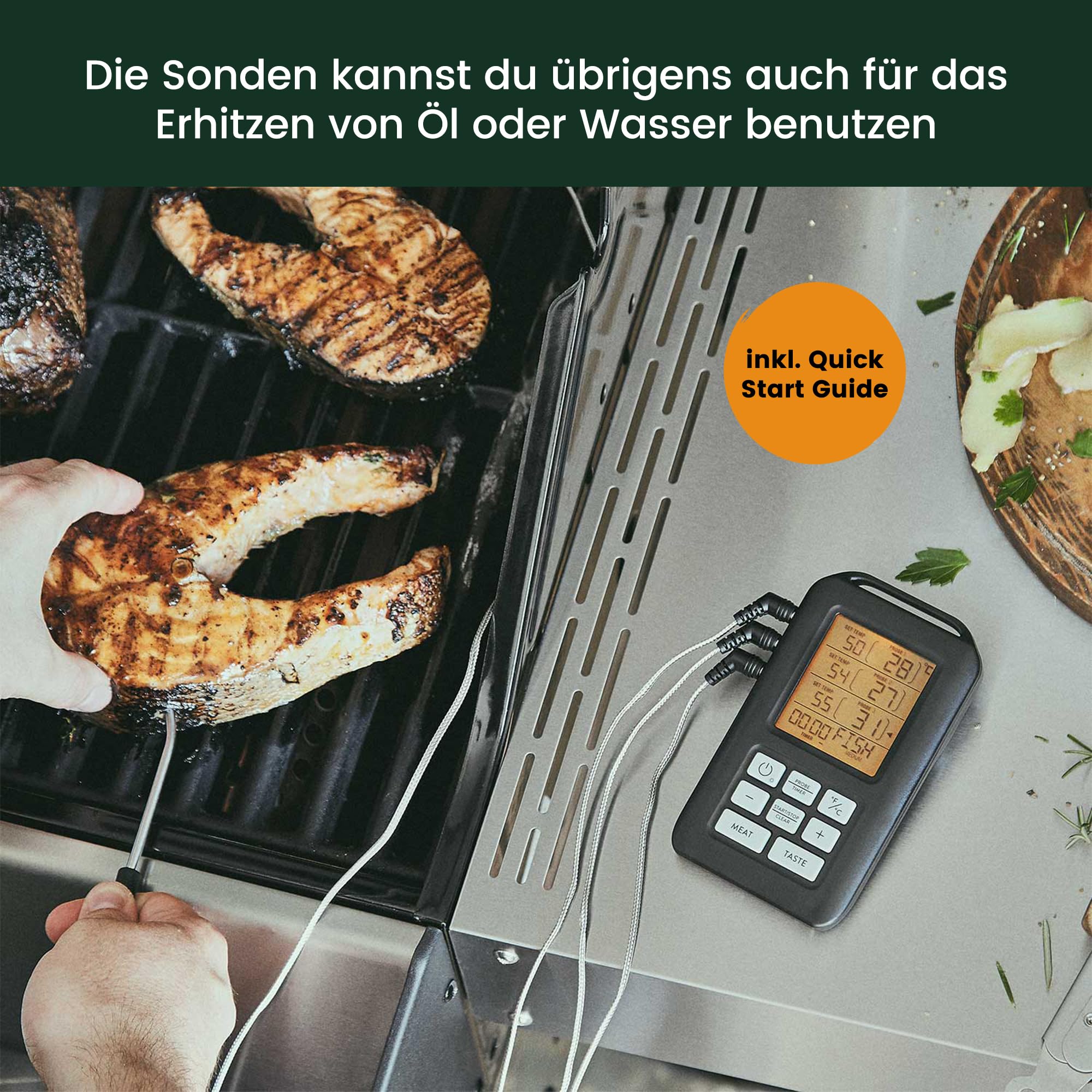 BURNHARD® Funk Grillthermometer mit 4 Temperaturfühlern, 30m Reichweite, Digital Braten-Thermometer für Grill & Backofen, Timer, BBQ Thermometer, Grillzubehör für Fleisch & Fisch