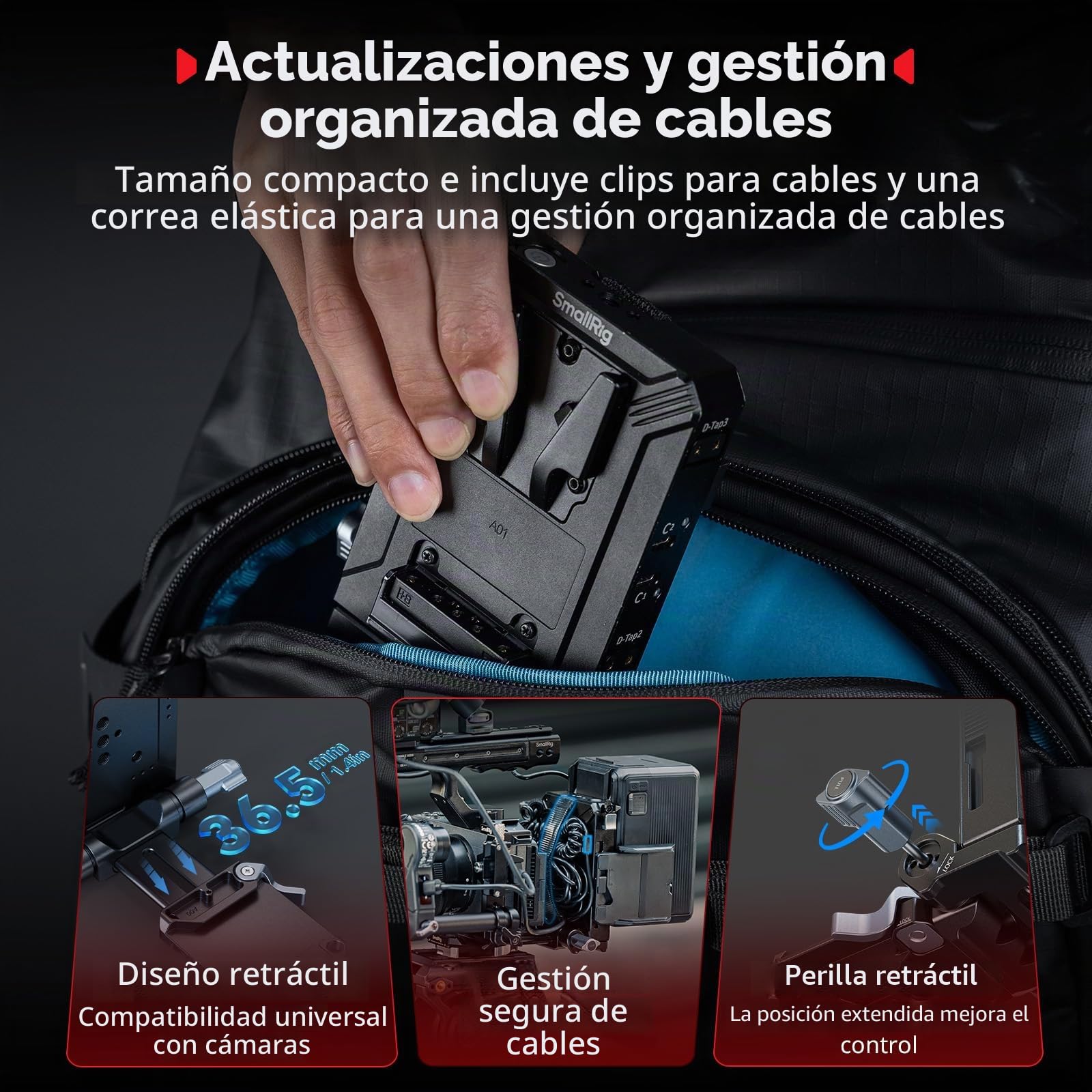 SMALLRIG Kit de Placa de Batería V-Mount Mejorada, con Placa QR para Arca, Protector de Pantalla, Clips para Cables, D-Tap/USB-C, para Cámaras Mirrorless/DSLR y Baterías NEEWER - 5227