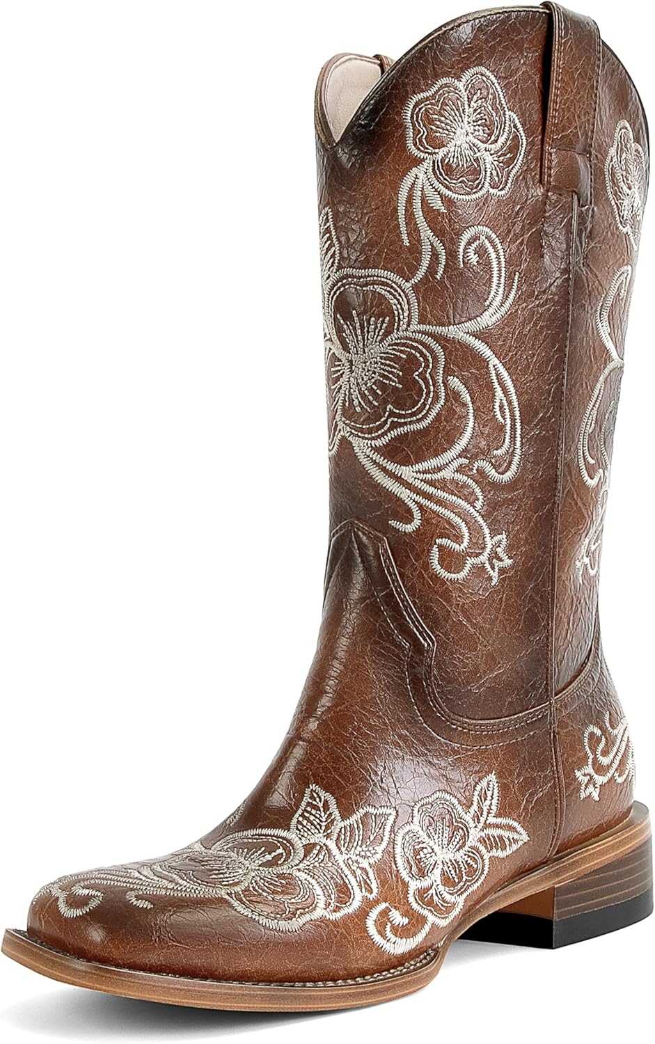 Cowboy Boots For Women Floral Embroidered Western Boots with Chunky Heel Mid Calf Broad Square Toe Cowgirl Boots for Country Music and Concert