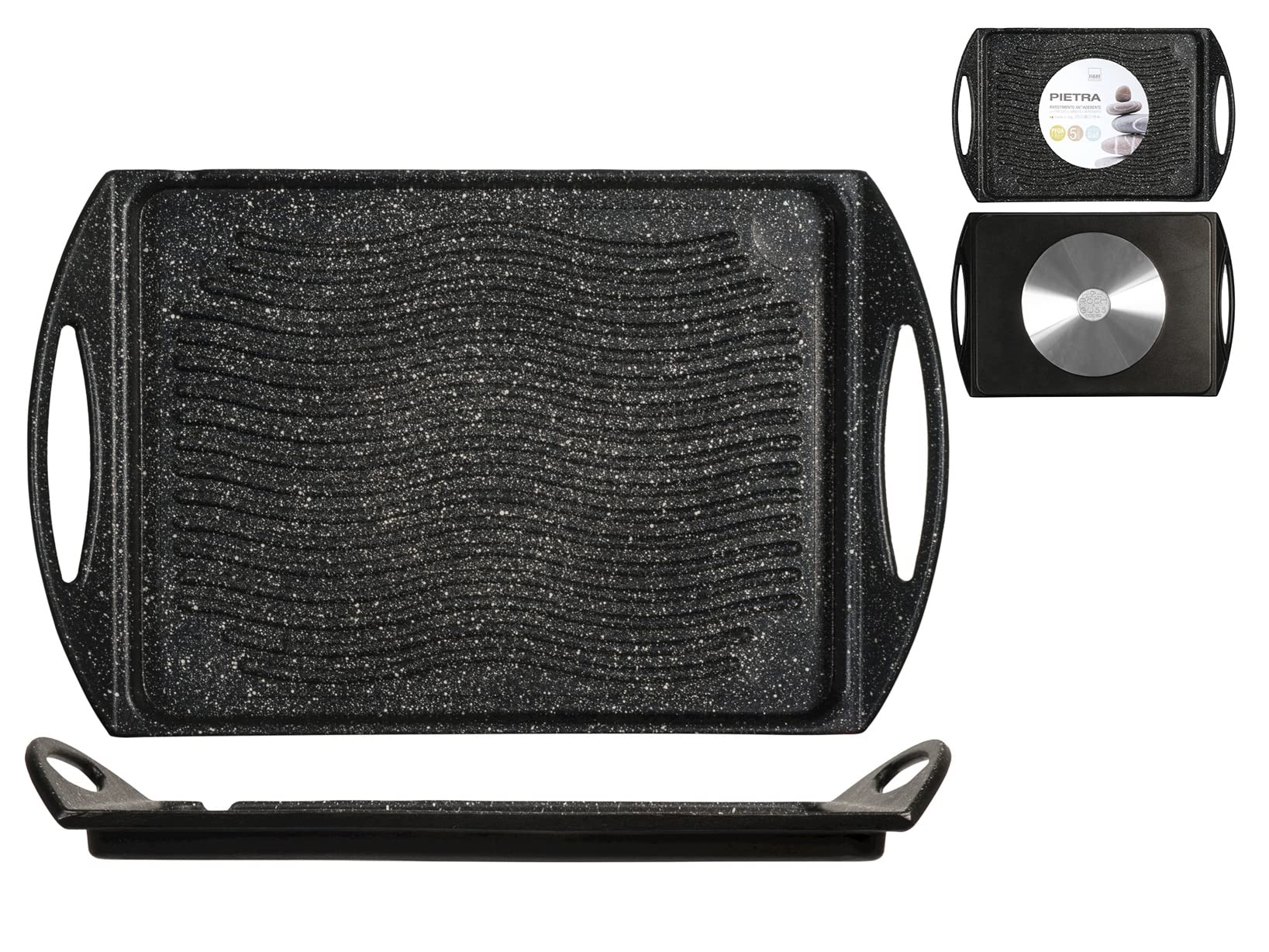 H&H Piastra Rigata Antiaderente Pietra 34X26 Pentole E Preparazione Cucina, Antracite, 34 cm