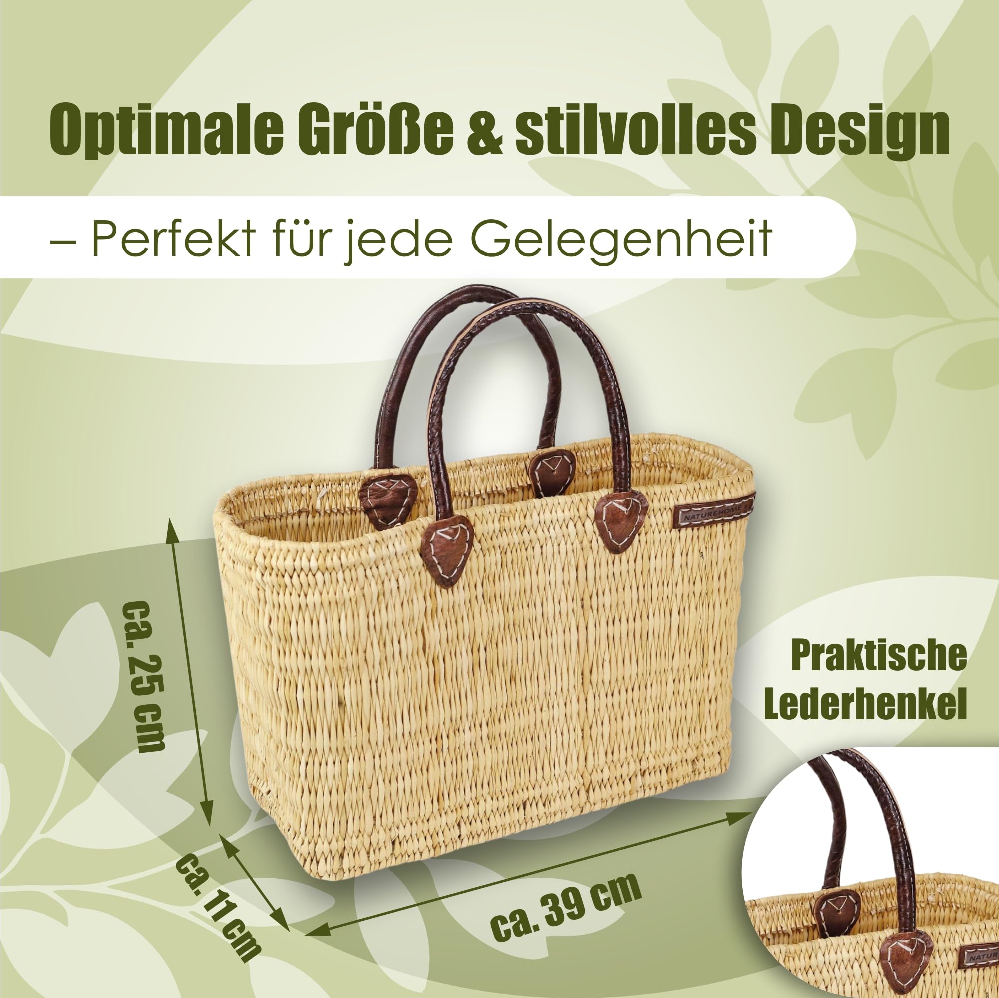 NATUREHOME Ręcznie plecione torby z trzciny i liści palmowych torba beachbag ze skórzanymi uchwytami naturalna torba łazienkowa, naturalny, Schilfrohrkorb M