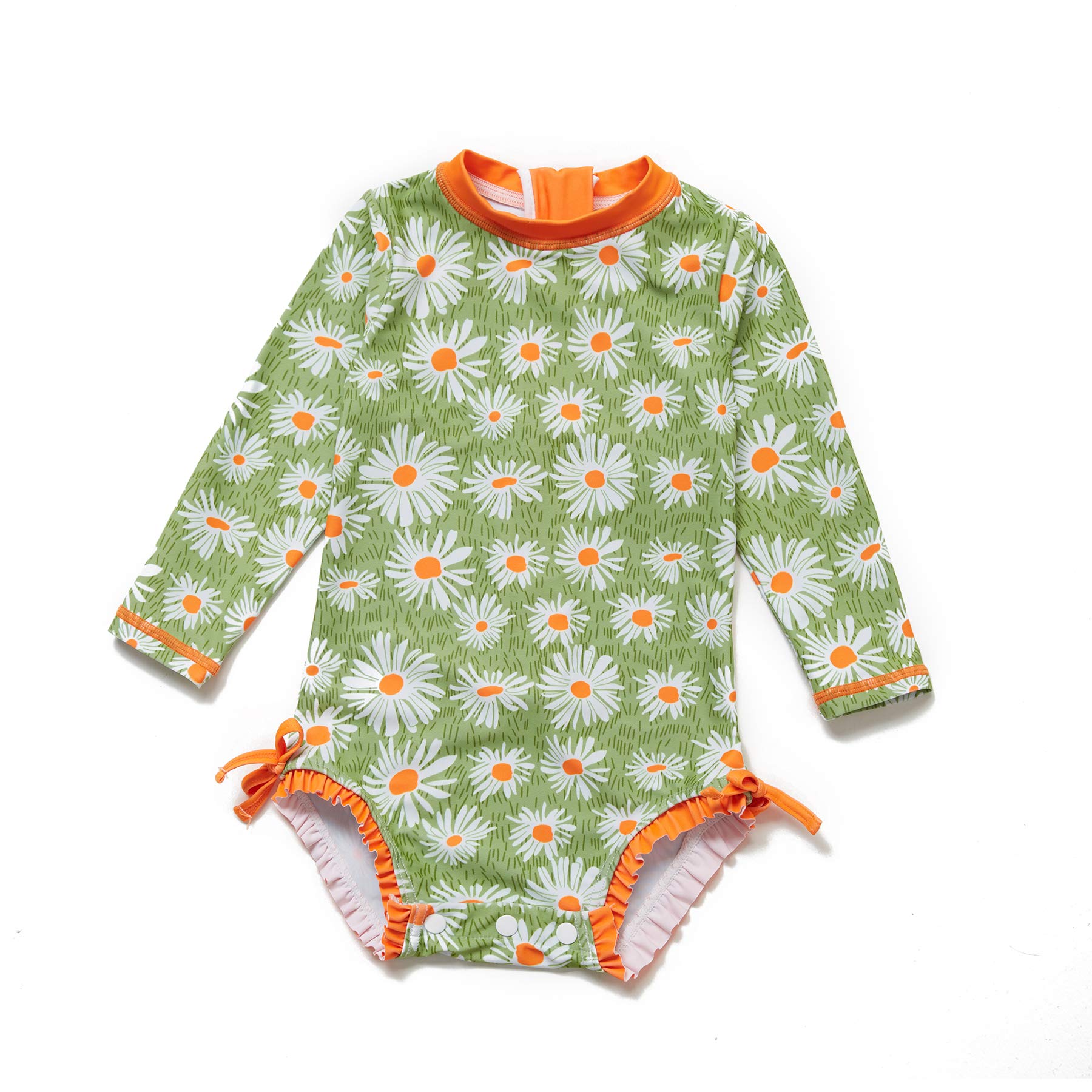 NALULU Baby Girls One-Piece Swimsuits Ruffle UPF 50+ Sun Protection L/S Zipper and Buttons Sunsuits/Rash Guard with Sun Cap