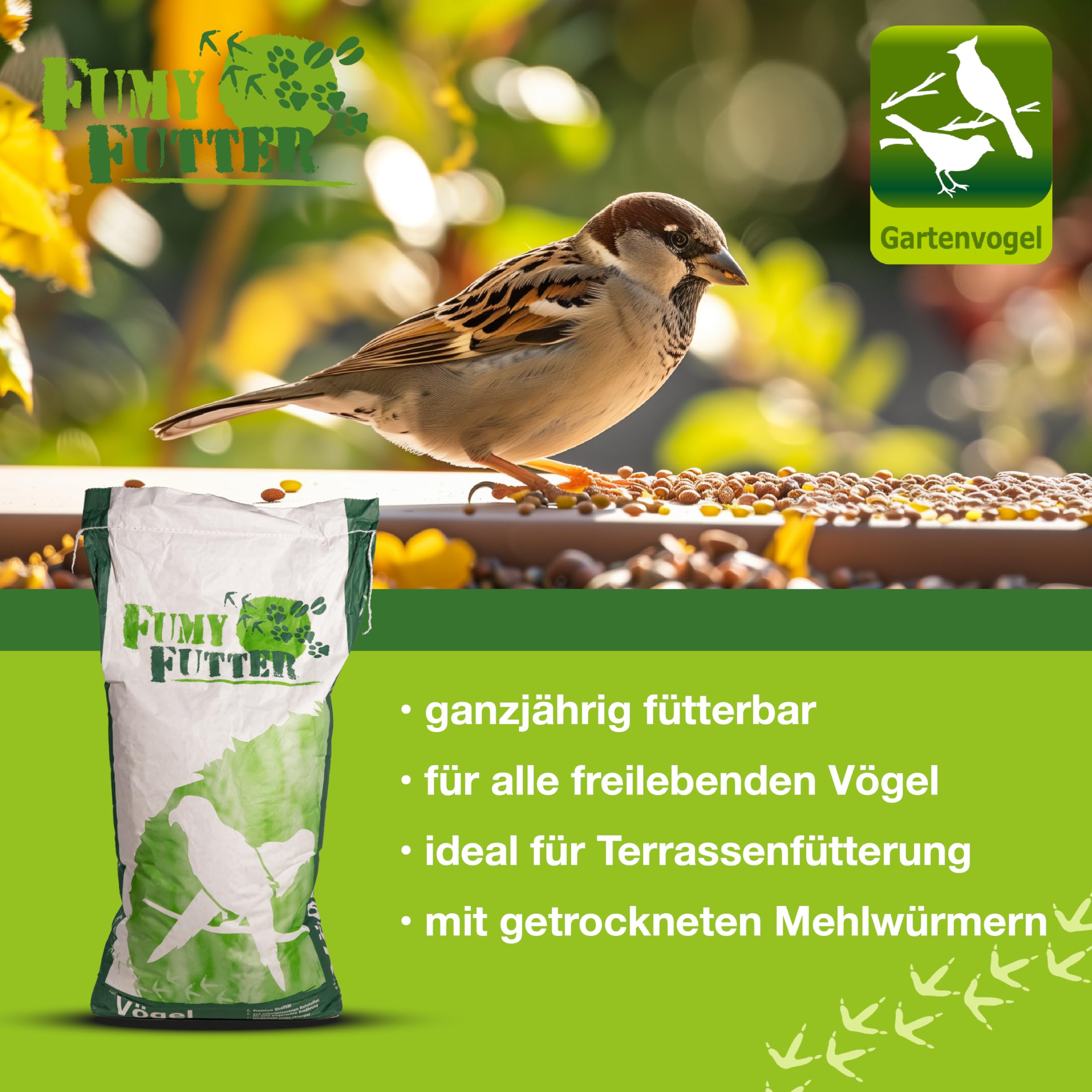 Terrassen-Mix exklusiv, Ganzjahresfutter für freilebende Vögel, hoher Flockenanteil, mit getrockneten Mehlwürmern, für alle Gartenvögel und Wildvögel, 15kg, 1x Sack