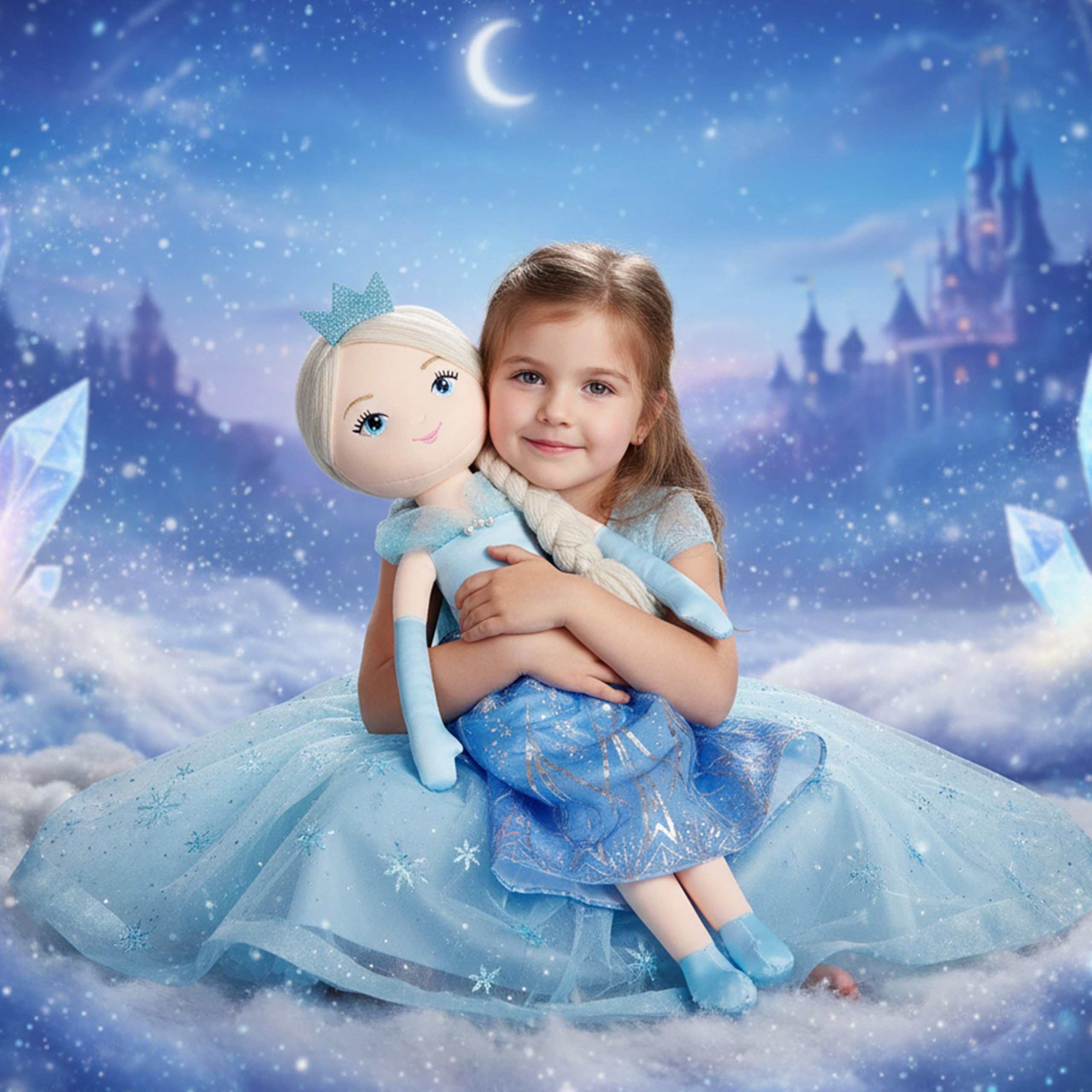 Spersonalizowana lalka księżniczki Marina Crystalheart o długości 75 cm – niestandardowa lalka księżniczki z niebieską sukienką – pluszowa lalka w rozmiarze życia prezent dla dziewcząt
