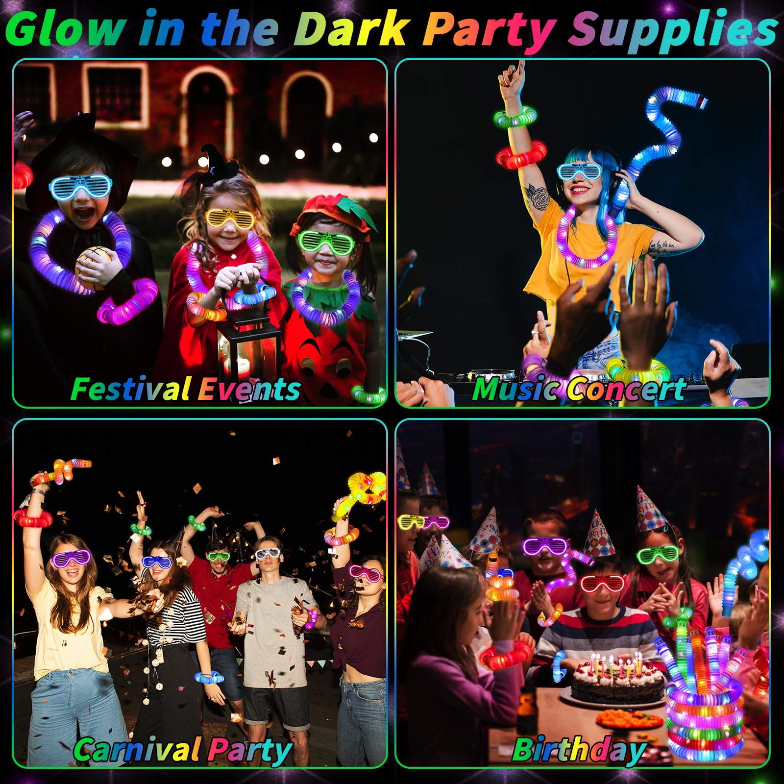 60 piezas de suministros de fiesta que brillan en la oscuridad, 30 gafas de luz LED, 30 varillas luminosas, tubos de flash, gafas LED de neón, pulsera, collar, accesorios, bolsas de regalo para