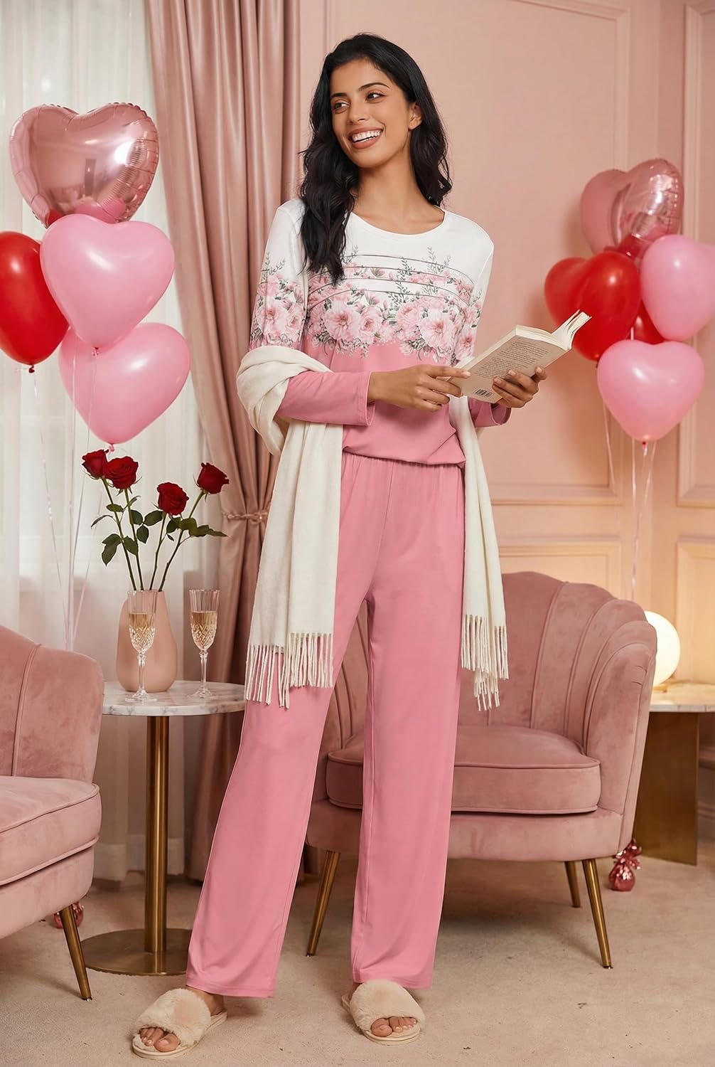 Ekouaer Womens Pajama Sets Pleated Tops with Long Pants Lounge Set Long Sleeve Fall Sleepwear Ladies Pjs S-XXL - Image 2