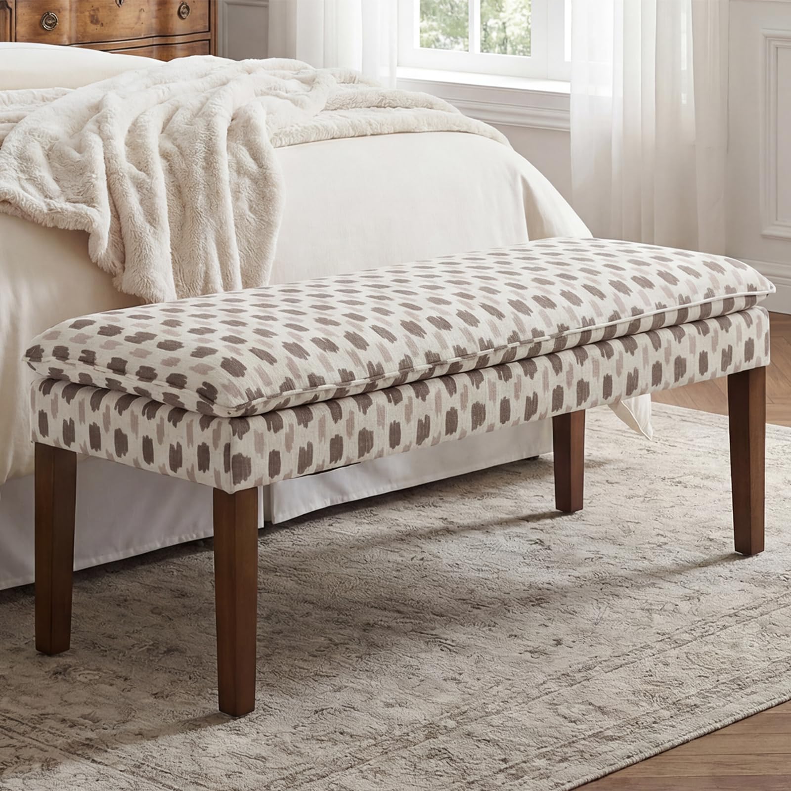 Banc Bout de Lit Bois Massif Banquette d'Entrée en Lin Banc Ottoman Vintage pour Entrée/Salon/Chambre, Kaki