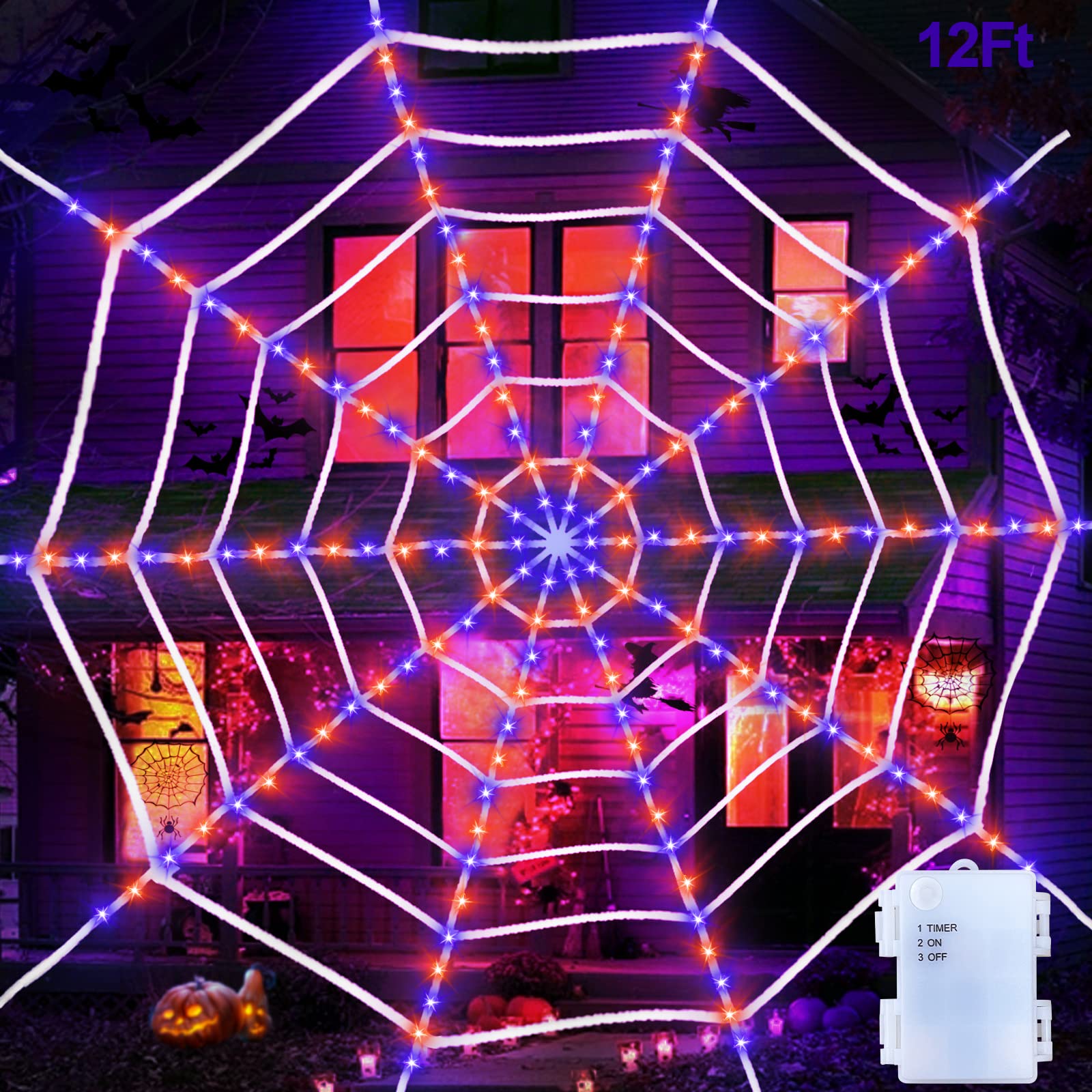 [ Prelit & Avoid Tangled Mess ] 12Ft 120LED Giant Halloween Spider Web Decor with Orange Purple Net Lights Timer Battery Operated Waterproof Halloween Decorations Outdoor Indoor Home Yard Garden Patio