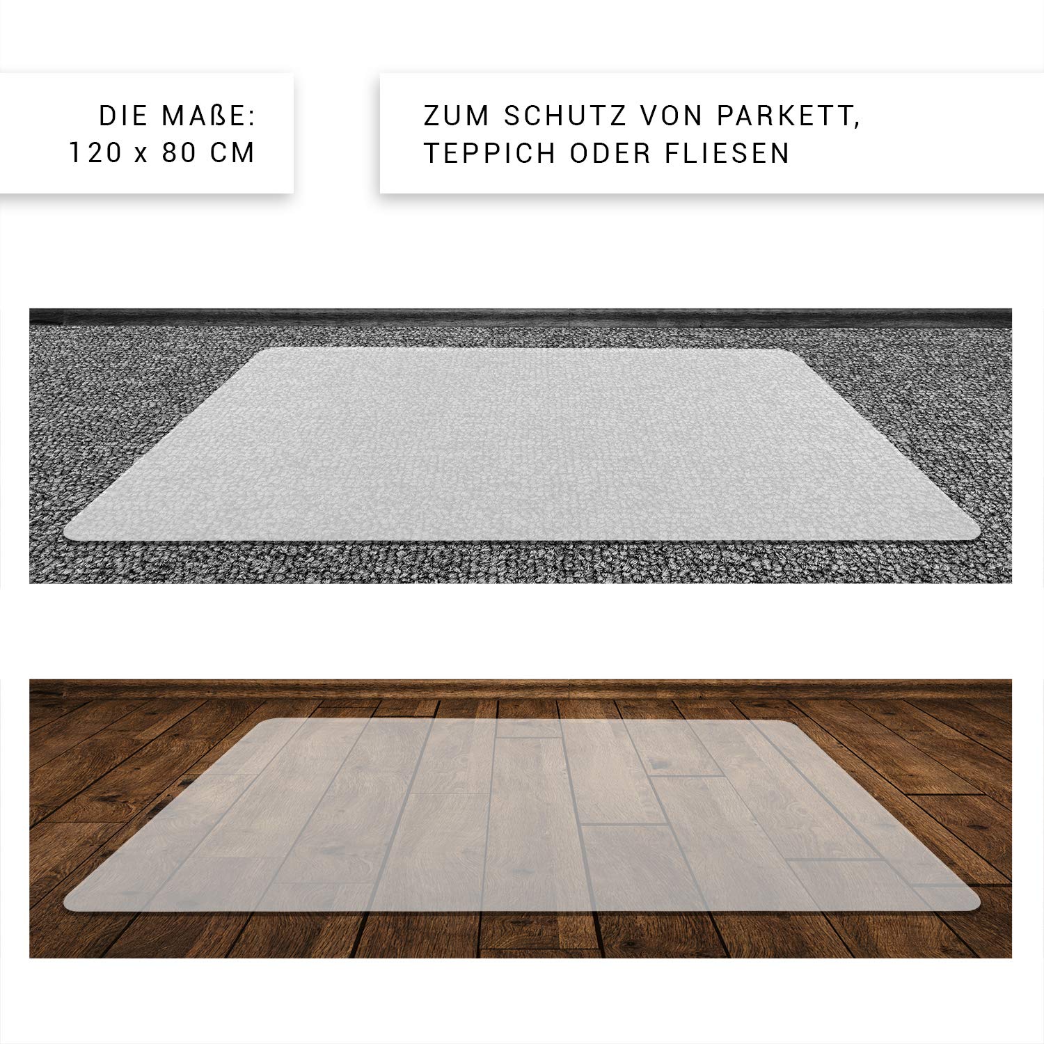 KLINO Tappetino protettivo trasparente, base per sedia da ufficio, antigraffio, di colore bianco latte, Made in Germany, 90 x 120 cm