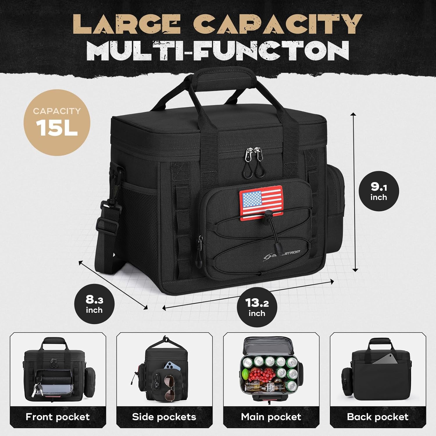 Maelstrom Tactical Lunch Box, Insulated Lunch Bag for Men, Large Leakproof Soft Cooler Bag with Detachable MOLLE Bags, Durable Lunch Tote for Adult Women Work,Picnic,20 Cans/15 L, Black - Image 5