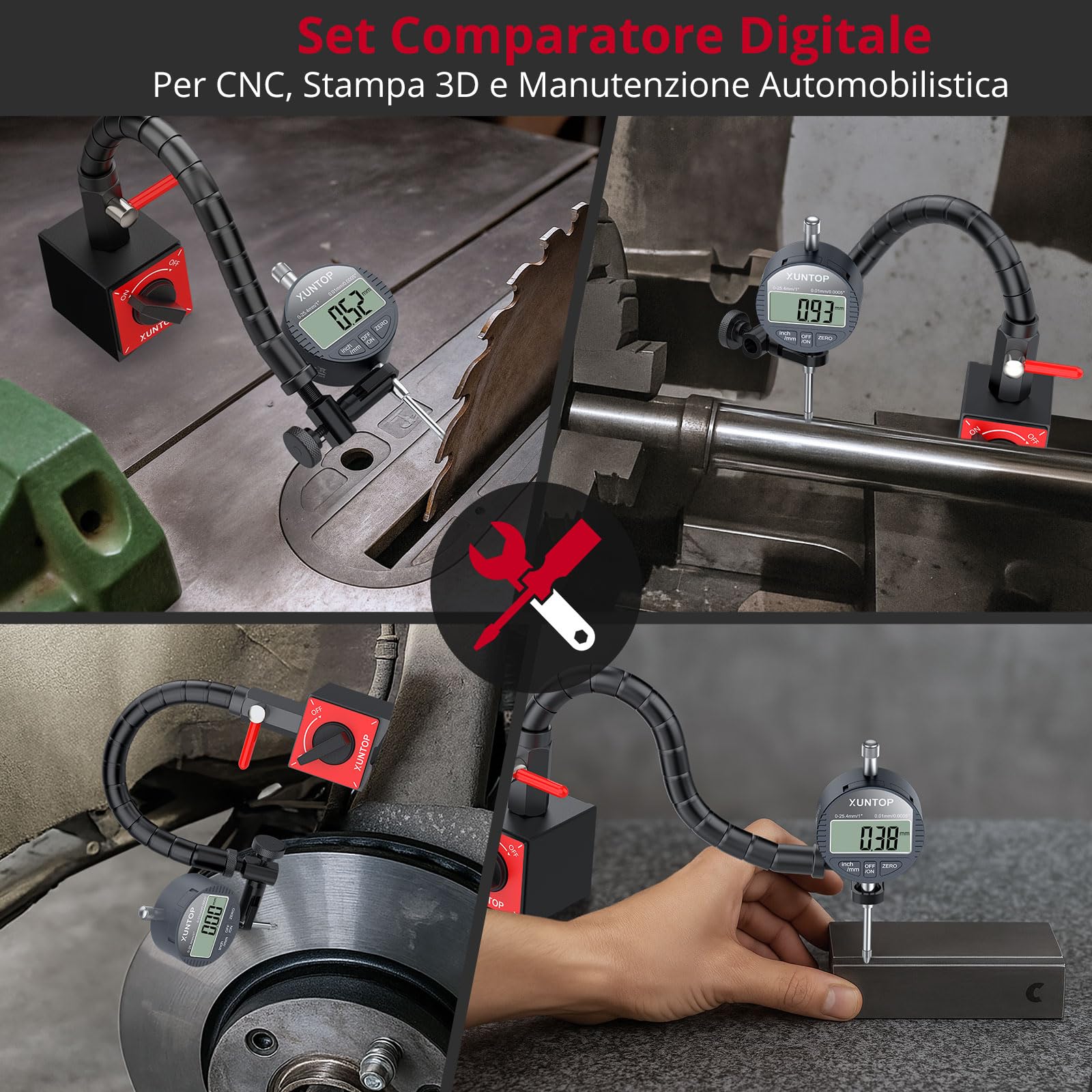 XUNTOP Comparatore Magnetico Digitale, Base Magnetica con Braccio Snake Flessibile da 340mm, Comparatore Professionale 0.01mm/0.0005" Portatile con Display LCD per Officina, Tornio, Fresatrice