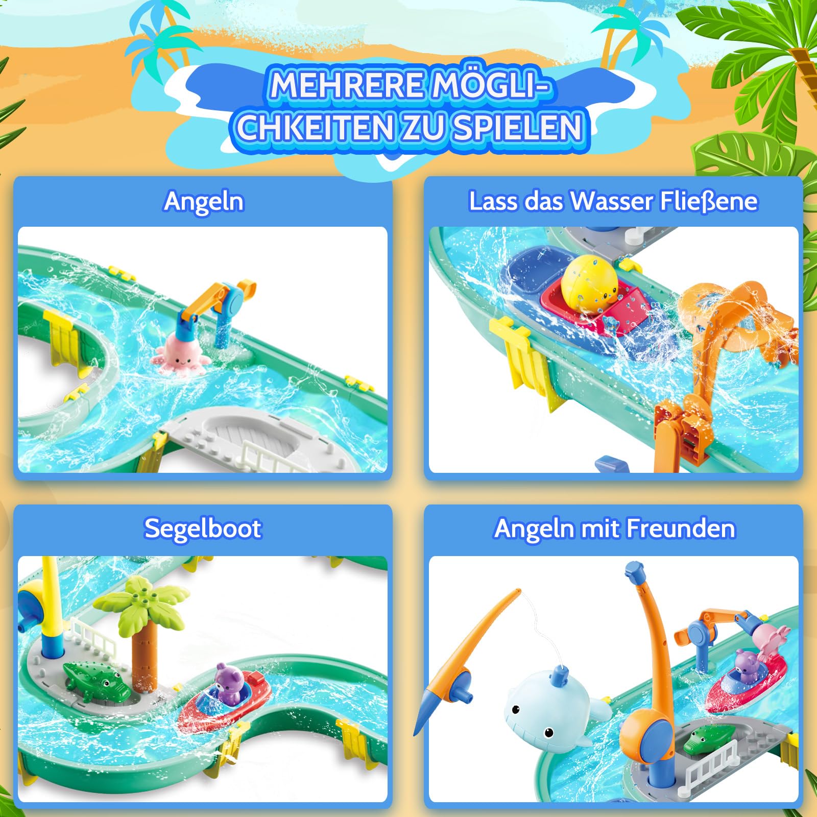 BuzzoXerex Juguete de Mesa de Arena y Agua, 2 en 1 Mesa de Agua y Arena Set, Mesas de Juegos Exteriores con Barcos x2 Muñecas x6 Cañas de Pescar x2 para Niños 3+ Años (1)
