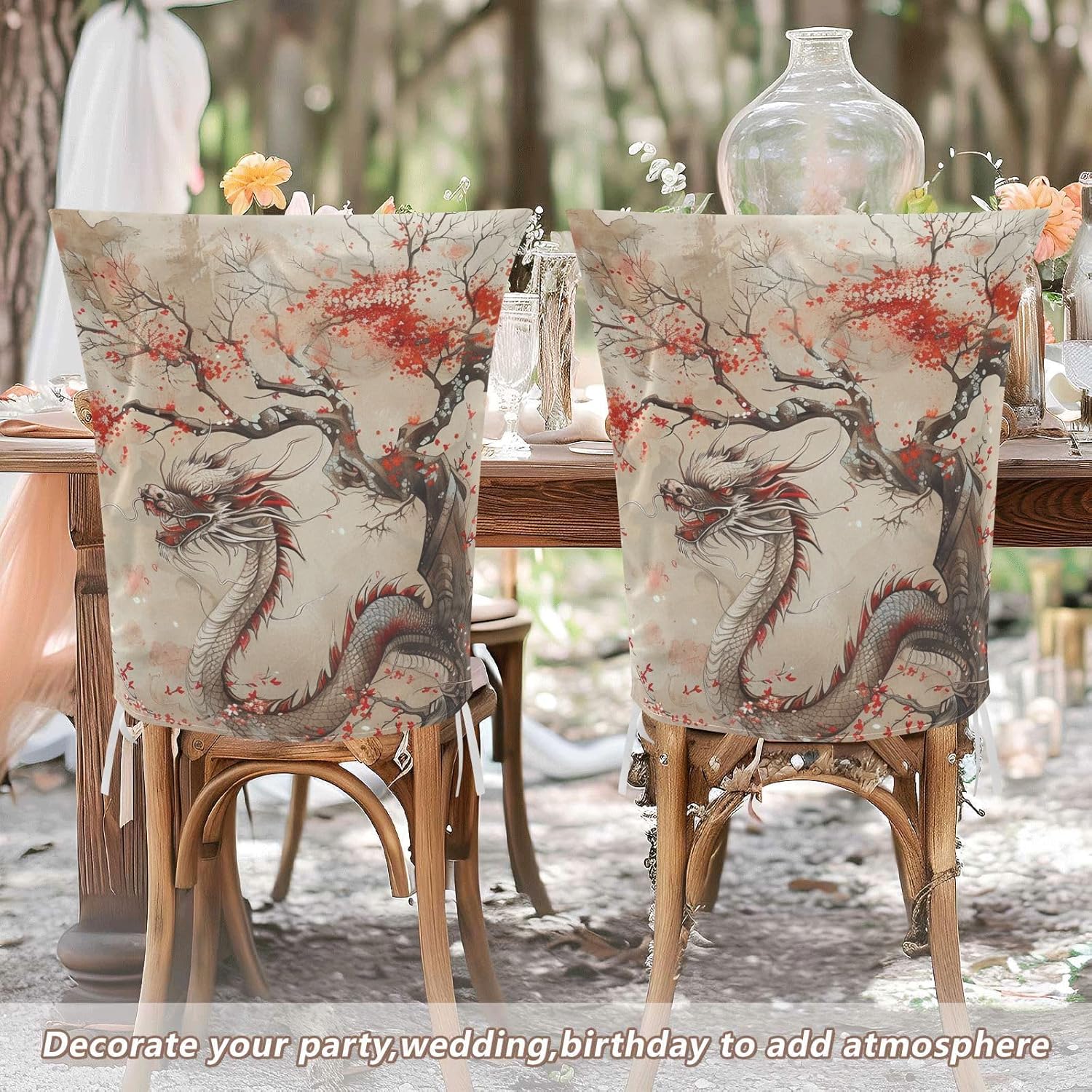 ALAZA Dragon and Cherry Flowers Tree Chair Back Cover Set of 6, Washable Reusable Removable Chair Slipcovers Decorative Chair Cover for Home Kitchen Wedding Party