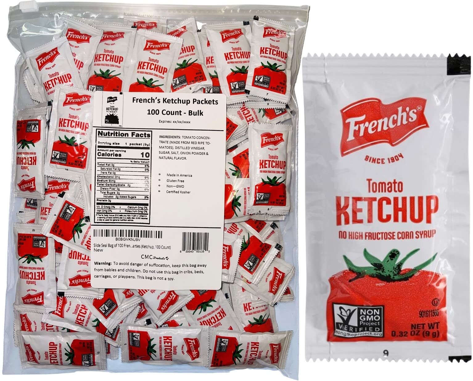 Gift Set: 100 Count Ketchup Packets - in CMC Products Food Safe Slide Seal Bag, packaged by CMC Products with Spreader