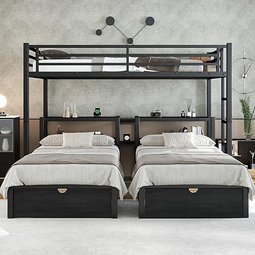 Miniatura 19 de Litera en forma de L individual sobre cama matrimonial adjunta, litera triple de metal con escritorio y tobogán integrados, marco de literas de