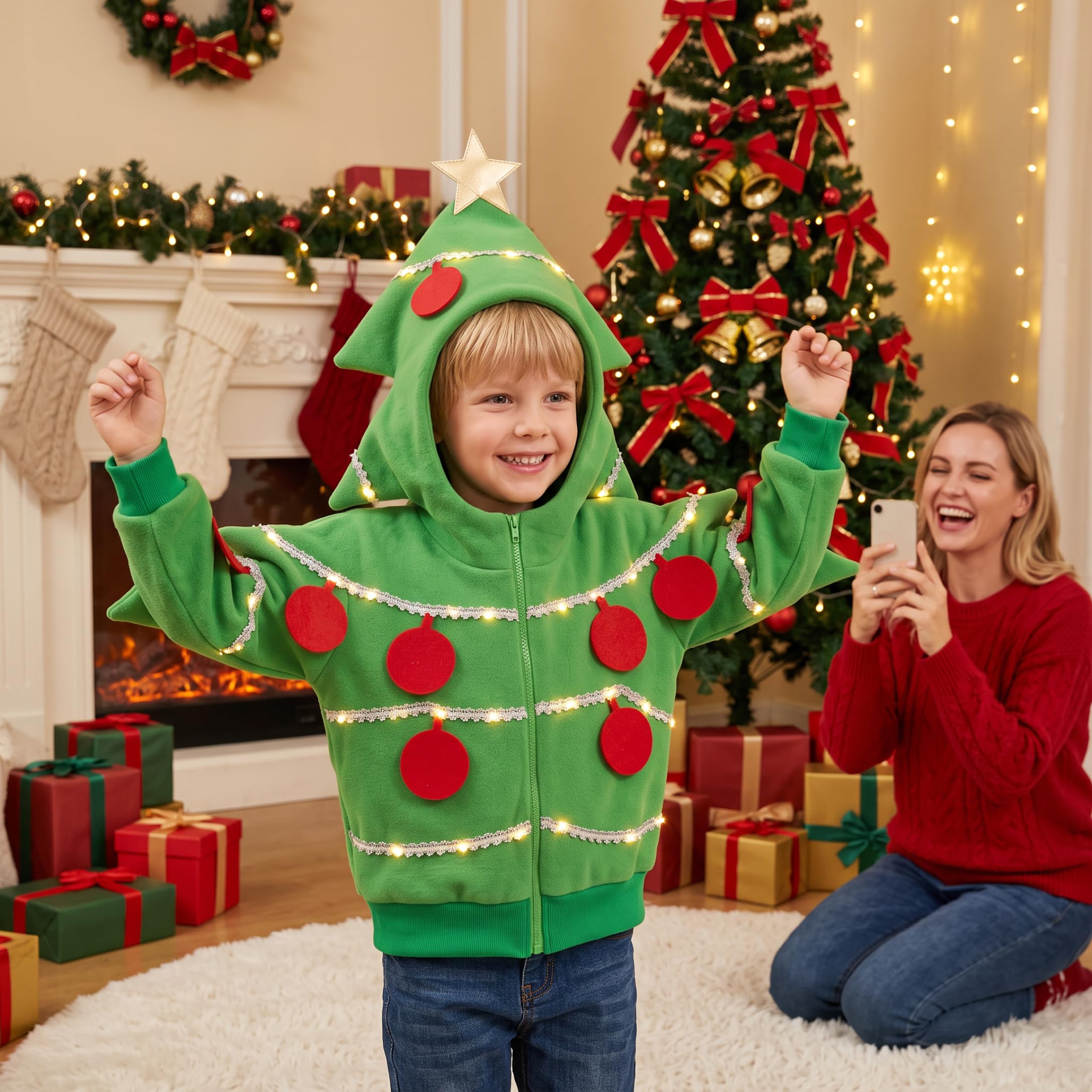 Costume da albero di Natale, costume cosplay per bambini con cappuccio a stella verde S