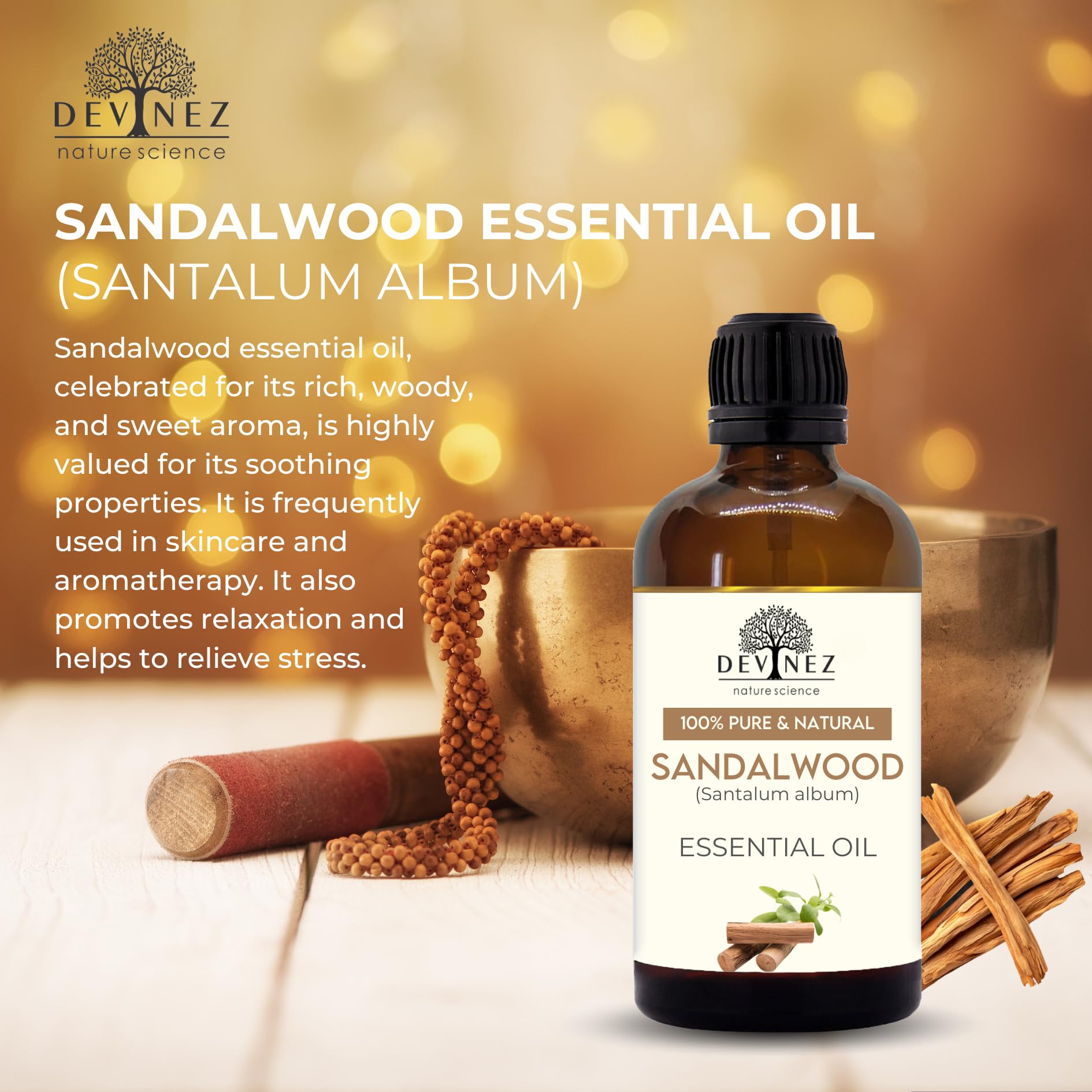 Devinez Sandalwood Essential Oil - 118ml in Glass Bottle | Pure & Natural Chandand Tel For Body Care & Aromatherapy | Undiluted Woody Aroma for Relaxation, Stress & Personal Care | For Skincare