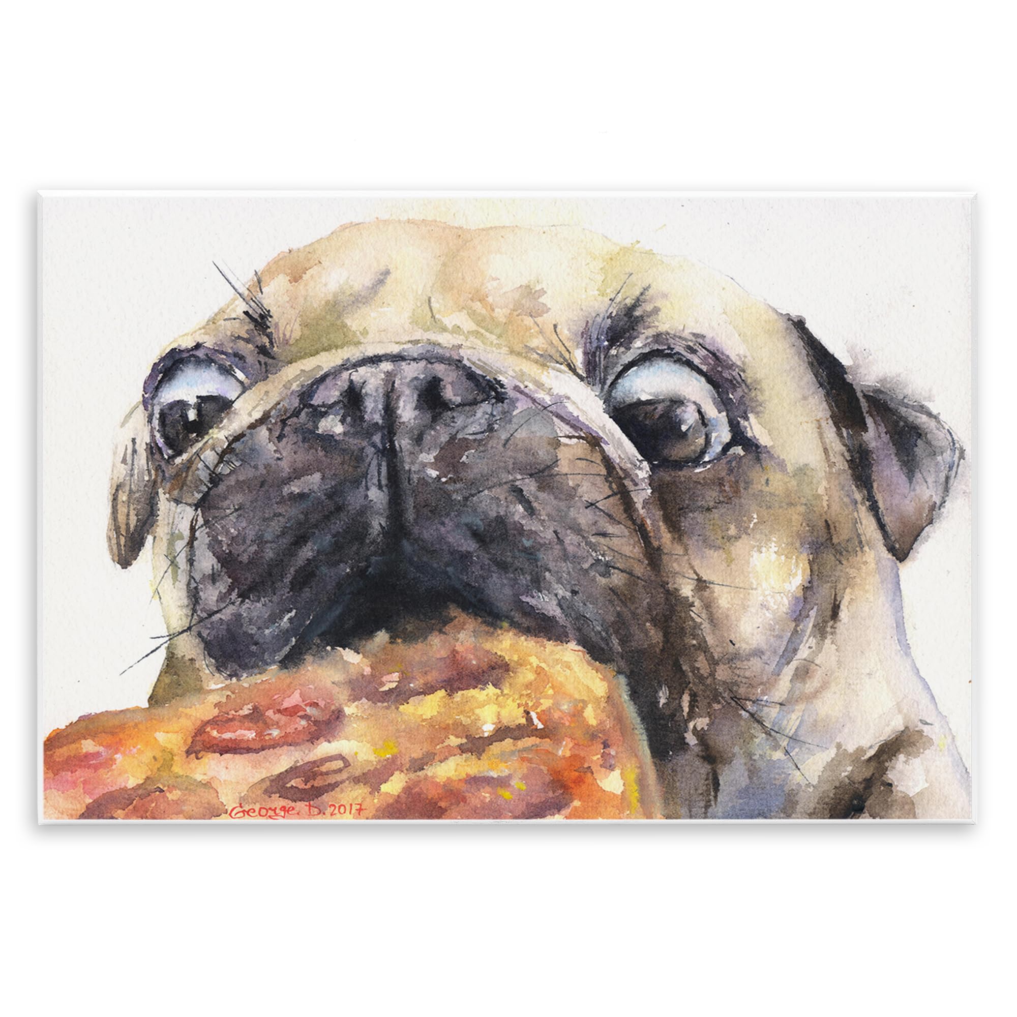 Stupell Industries Pug and Pizza Funny Dog Pet Animal Watercolor Painting Carteles y Placas, Madera MDF, Multicolor
