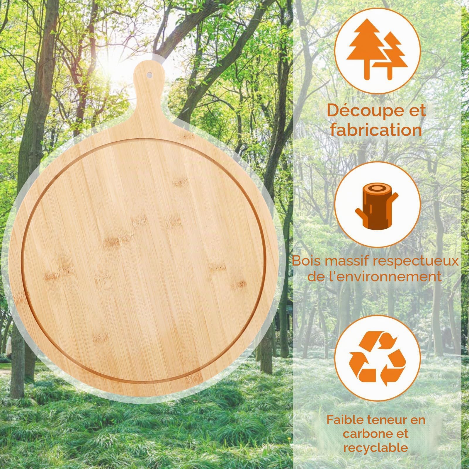 Lot de 3 Planche a Pizza en Bambou 33 cm, Plateau Pizza Rond avec Poignée Intégrée, Assiette Pizza en Bois Naturel pour Découpe, Service et Fromage