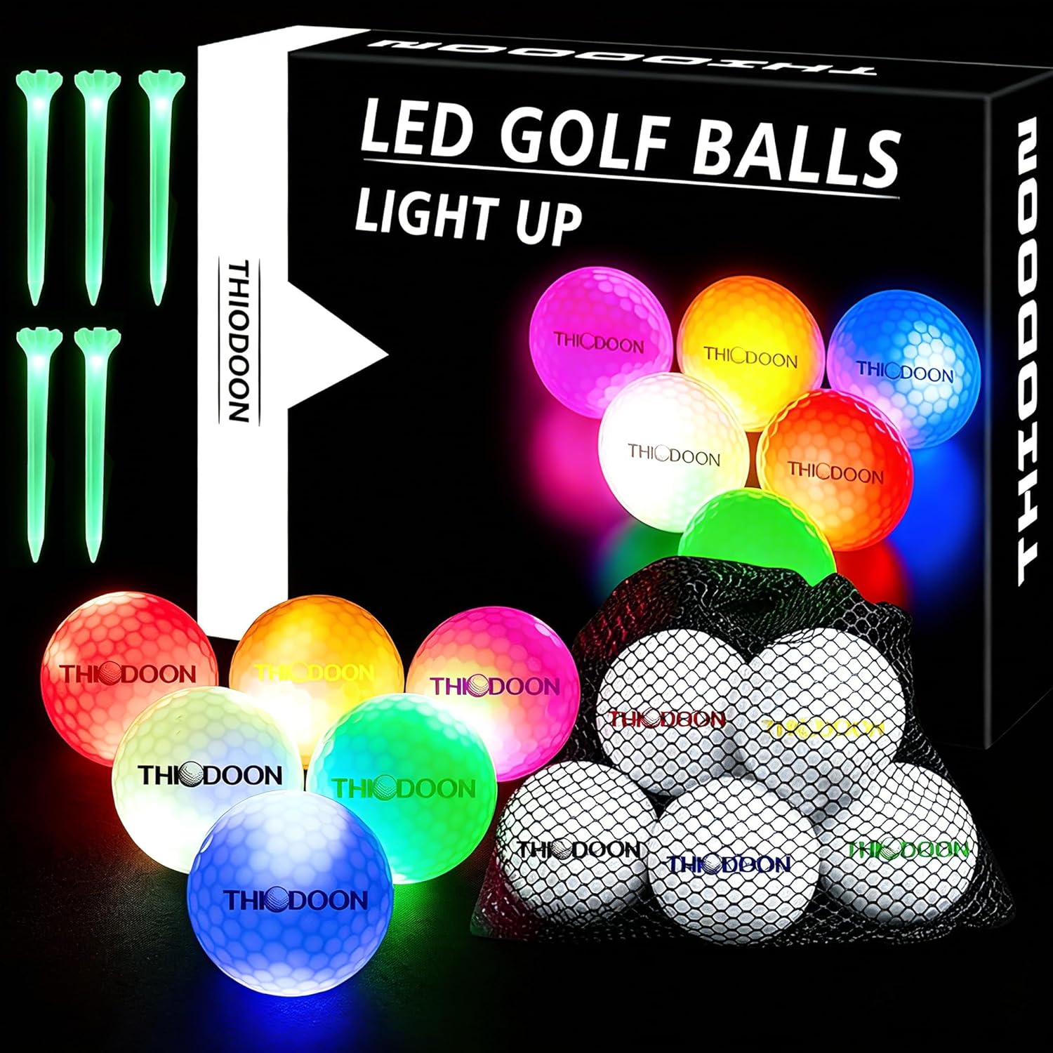 THIODOON LED Glow Golf Balls (6-Pack): 40H Battery, Impact Activated & Resettable, Includes Glow Tees & Storage Bag - Premium Night Sports Gift Set
