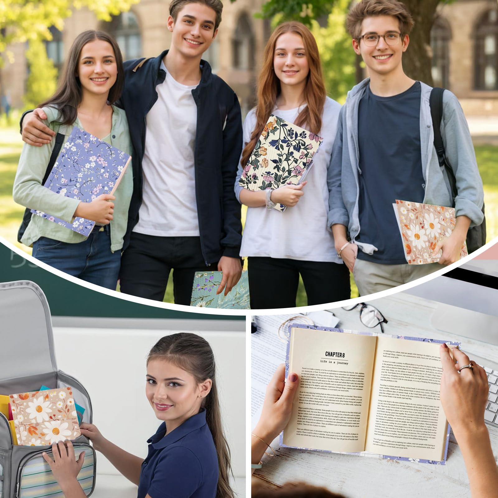 Fundas ajustables para libros, protector de libros de tela de lona lavable con bolsillos, marcapáginas, doble cara con estampado floral, funda para libro de tapa dura, novelas, libros de texto,