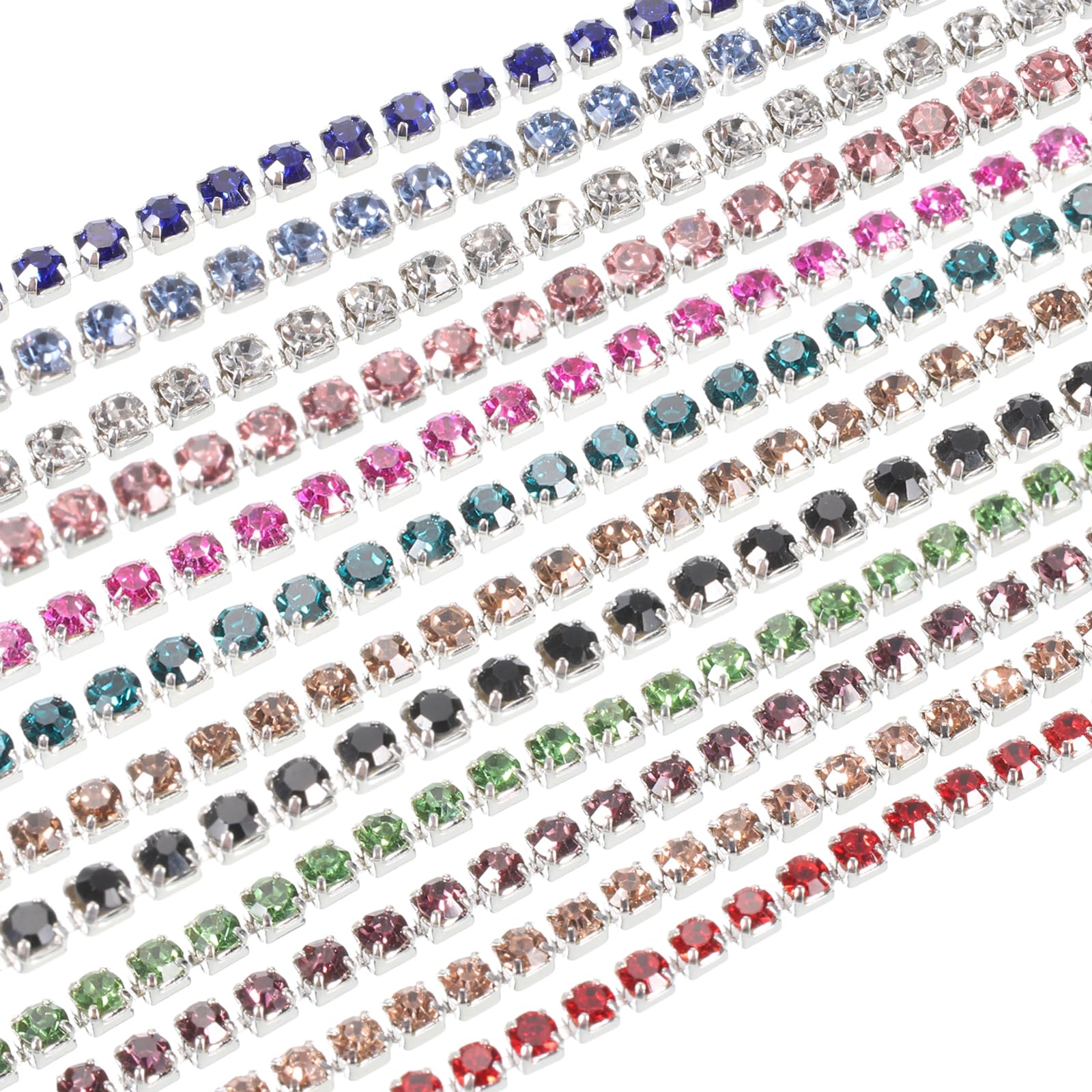 MECCANIXITY 12 Pack 1 Yard 2mm Crystal Rhinestone Diamond Close Chain Trim Trimming Claw Cup Chain for Sewing, Crafts, DIY Jewelry Wedding 12 Type Color