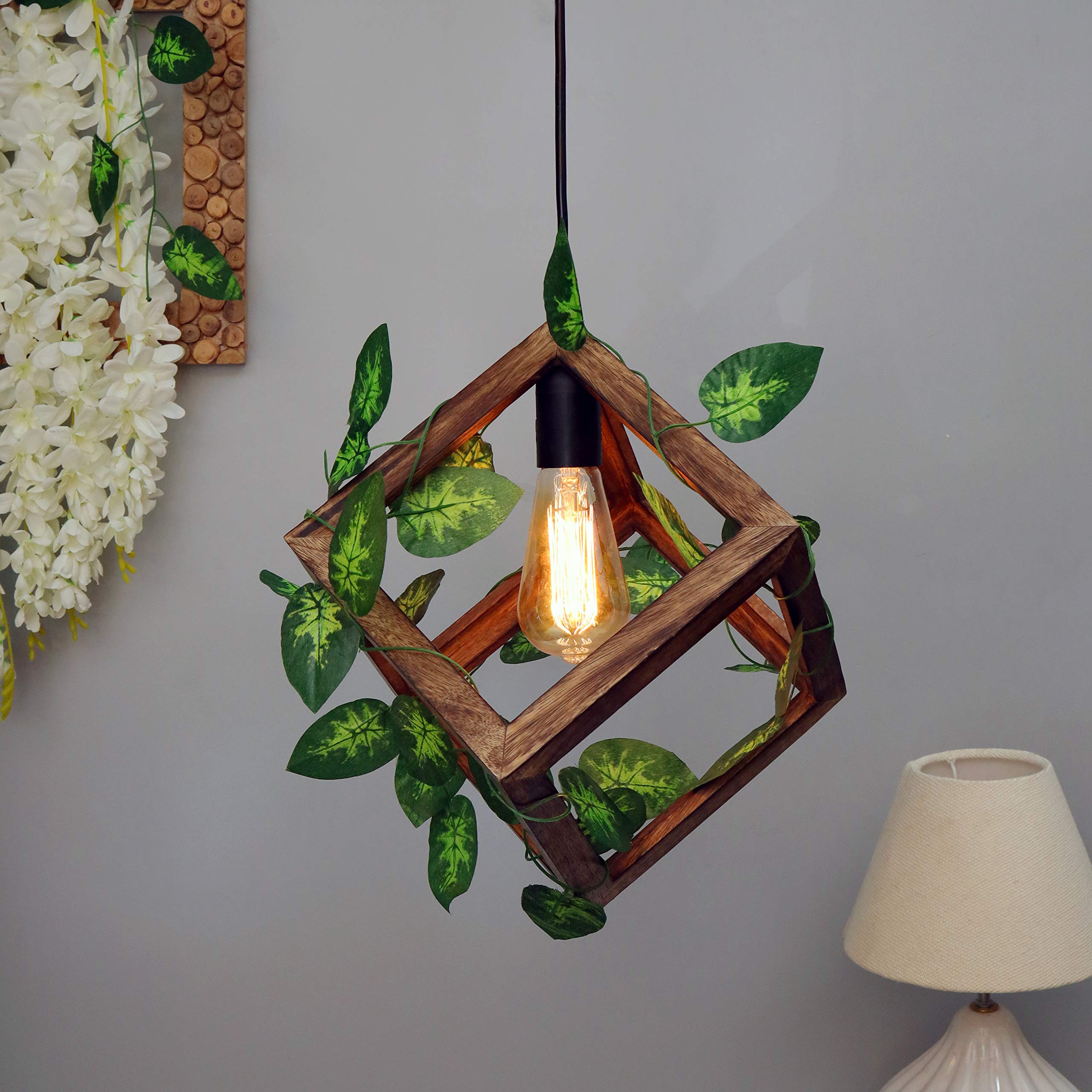 Homesake Vintage Cubical Wooden Pendant Light with Filament Bulb & Artificial Green Leaves, Decorative Hanging Lamp for Home, Bedroom, Living Room, Dining Area, Rustic & Modern Design(Natural)