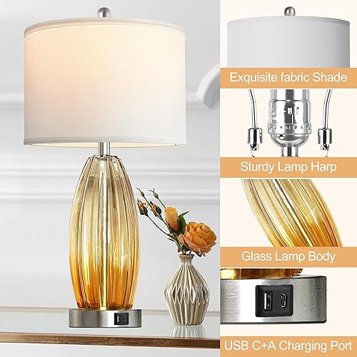 Miniatura 5 de Juego de 2 lámparas de mesa para sala de estar, lámpara de noche de cristal champán para dormitorio con puertos USB C +A, lámparas de mesita de