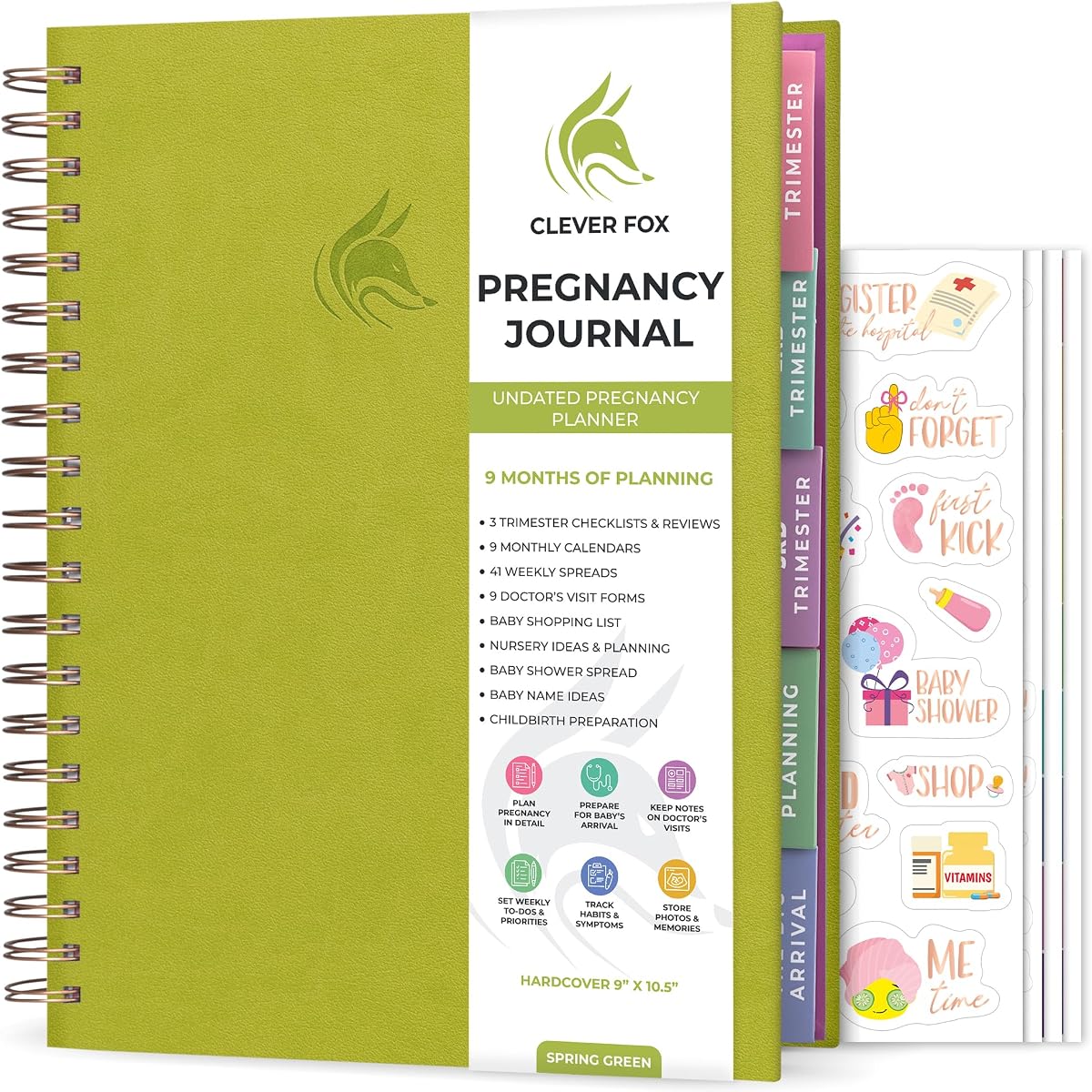 Diario de embarazo de Clever Fox, planificador para mamás primerizas, verde primavera | Diario organizado de embarazo y bebé con calendarios de cuenta regresiva semanales y listas de verificación, libro de recuerdos de maternidad, FIV 9 x 10,5 pulgadas