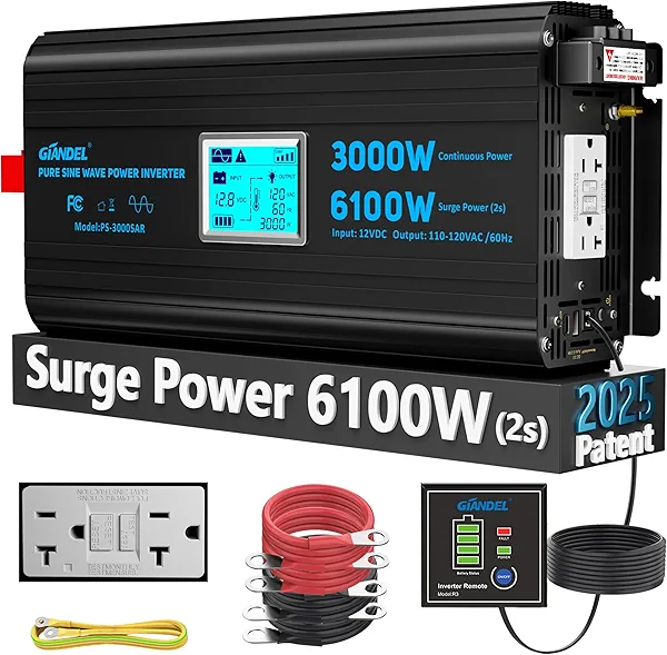 3000 Watt Power Inverter Pure Sine Wave with 6100Watt Surge for 2S 12V DC to 120V AC Converter,UL Listed GFCI outlets, Lithium Battery Compatible for RVs,Off-Grid Solar Power Inverter by GIANDEL