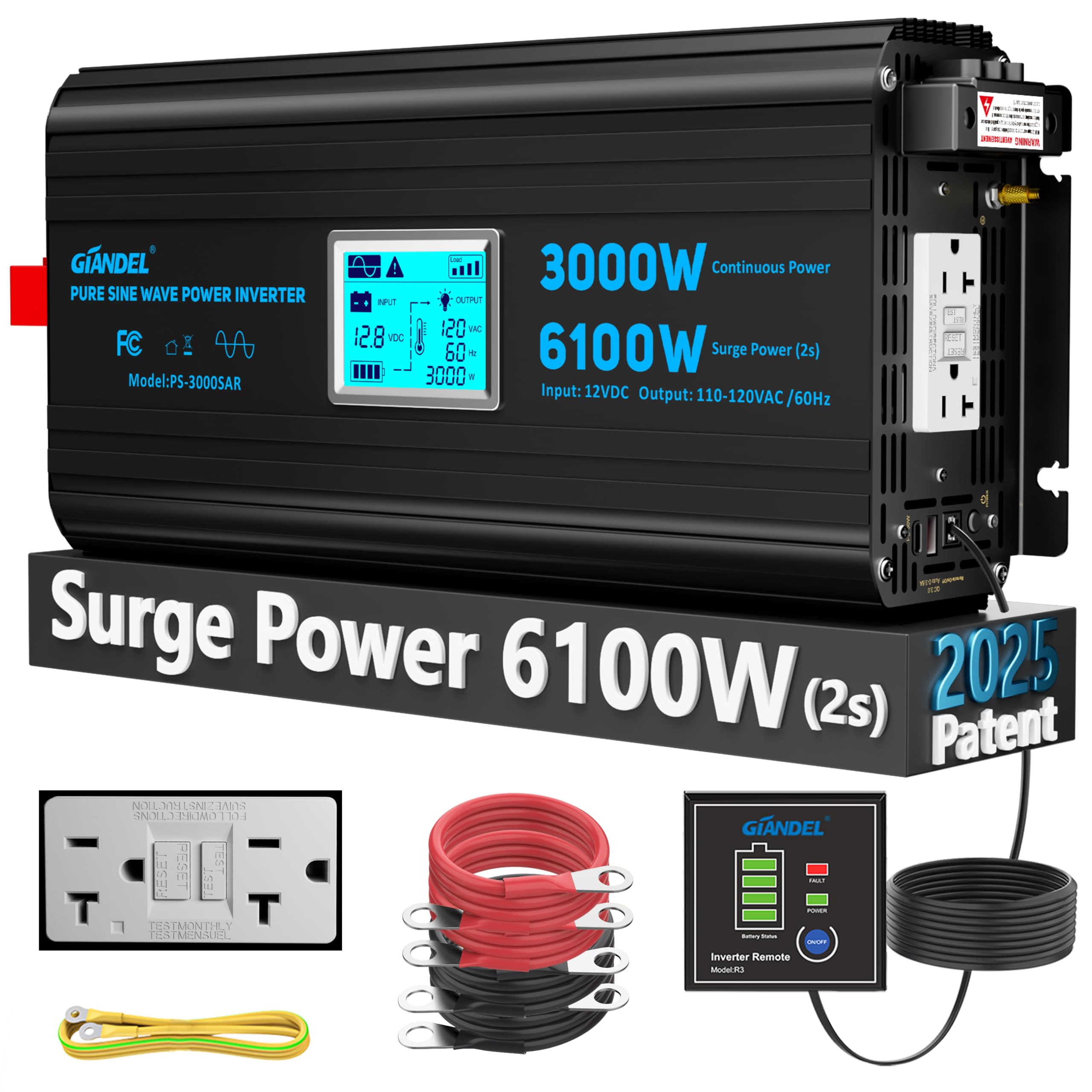 3000 Watt Power Inverter Pure Sine Wave with 6100Watt Surge for 2S 12V DC to 120V AC Converter