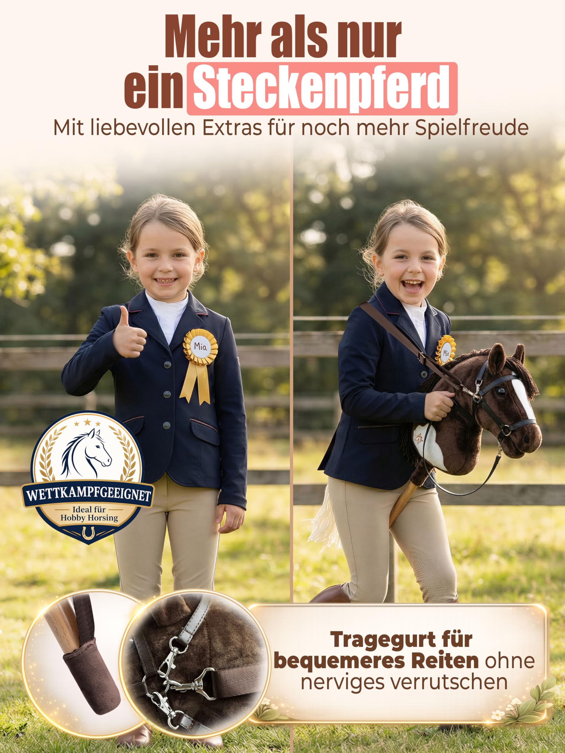 Hobby Horse Steckenpferd – Handgefertigtes Stockpferd für Kinder 4–12 Jahre - Realistisches Hobby Horsing Pferd mit verstellbarem Gurt & Turnierschleife (Braun & Weiß)