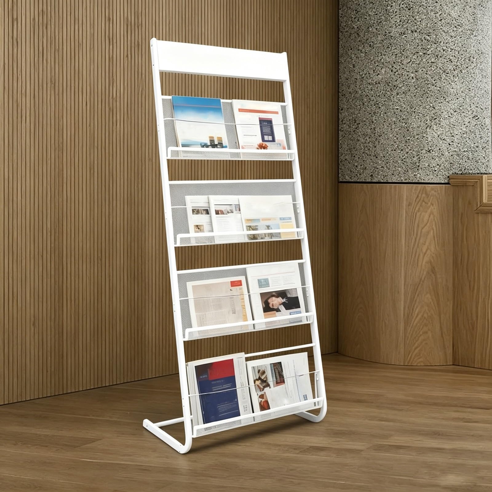 CJWKXQOL Floor Standing Brochure Display Rack, Metal Mesh Magazine Holder, Simple Wire Literature Stand for Shopping Malls, Hospitals, Exhibitions，Offices(White,142 * 30cm/56 * 12in)