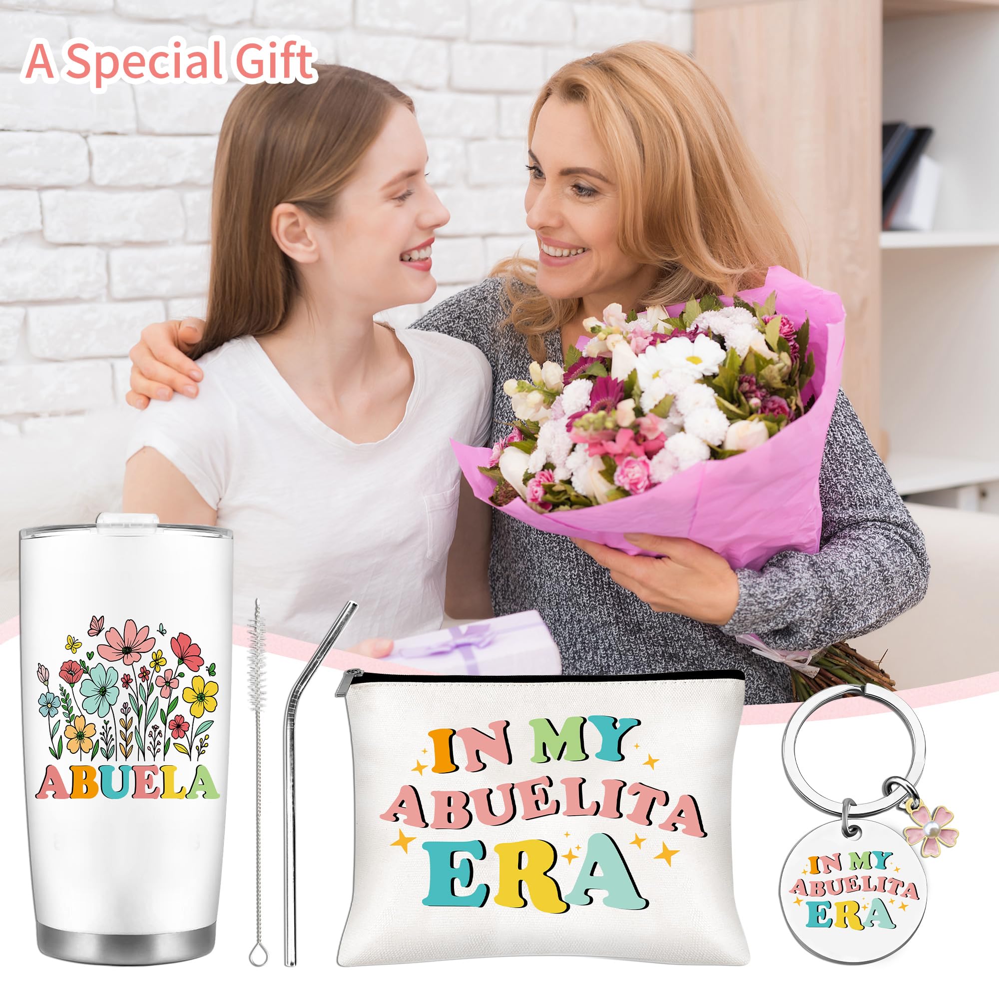 Abuela Gifts Set, Floral Abuelita Tumbler with Straw Cosmetic Bag Keychain Bracelet Set, Regalos para Abuela Gifts for Grandma from Grandkids, Mother’s Day Birthday Mexican Grandma Gifts