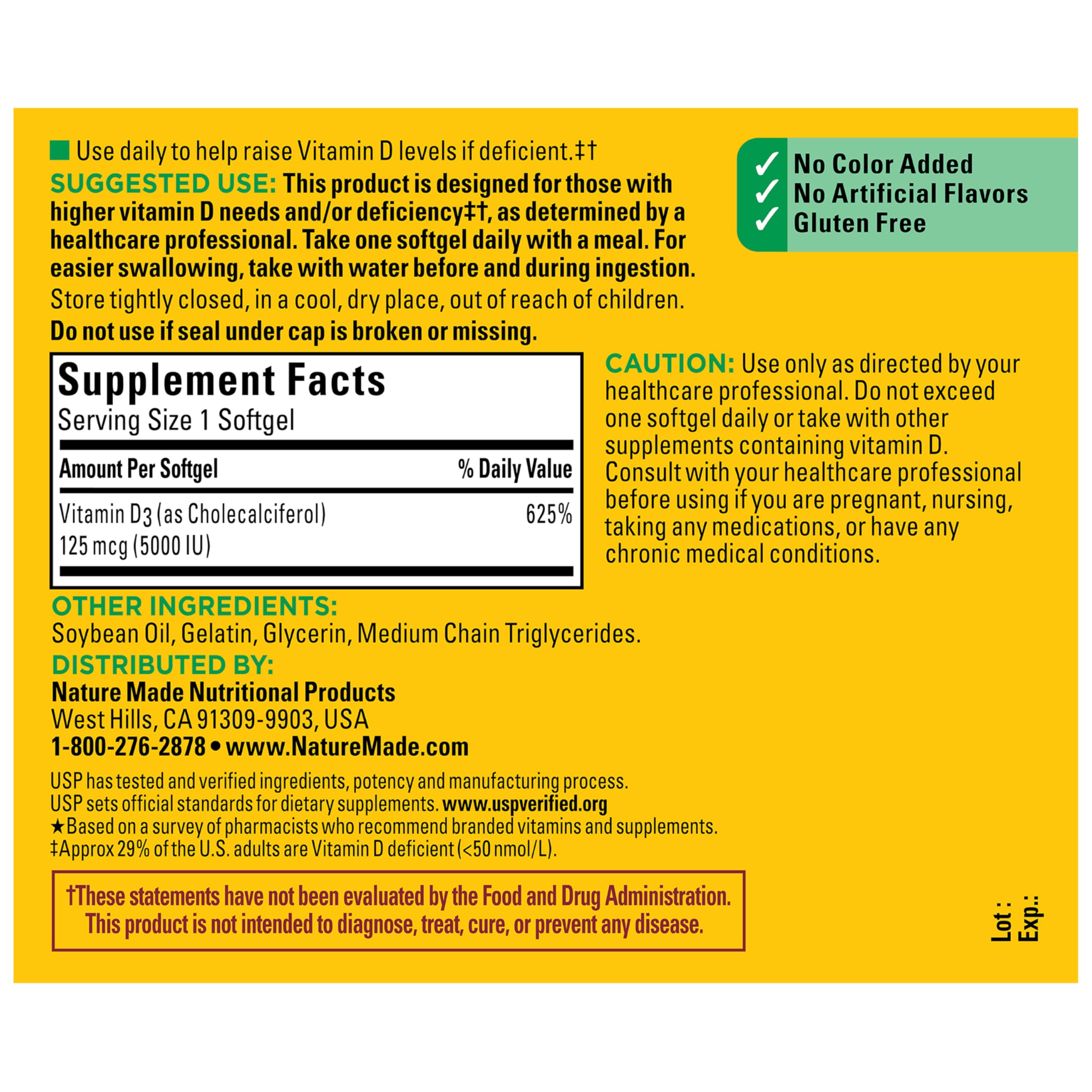 Nature Made Vitamin D3 5000 IU (125 mcg) Softgels, Extra Strength Vitamin D Supplement for Bone and Immune Health Support, 360 Count, 360 Day Supply