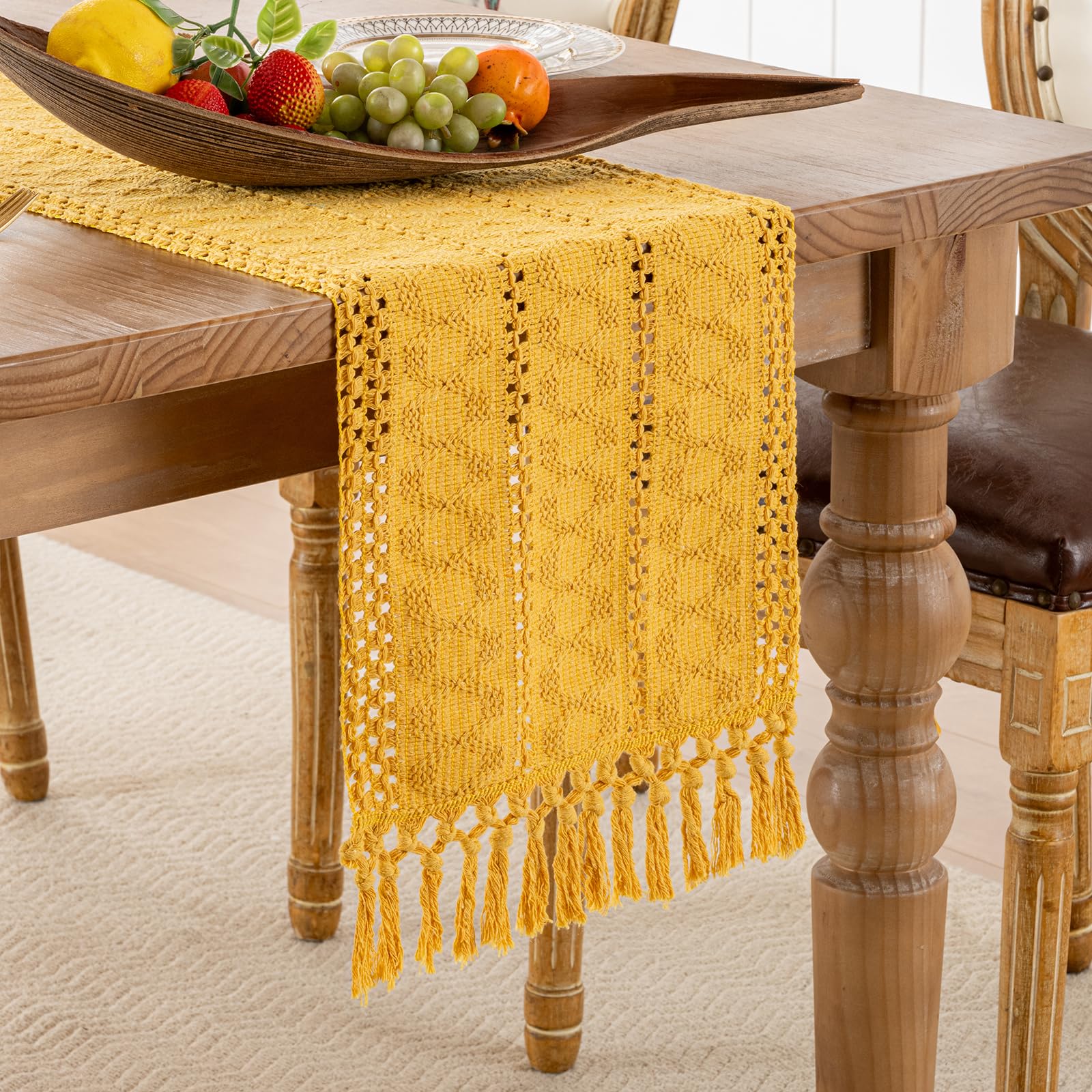 Coffee Table Runner Yellow Bohemian Boho Farmhouse Rustic Table Runner with Tassels Cotton Linen Modern Macrame Woven Table Centerpiece Decor for