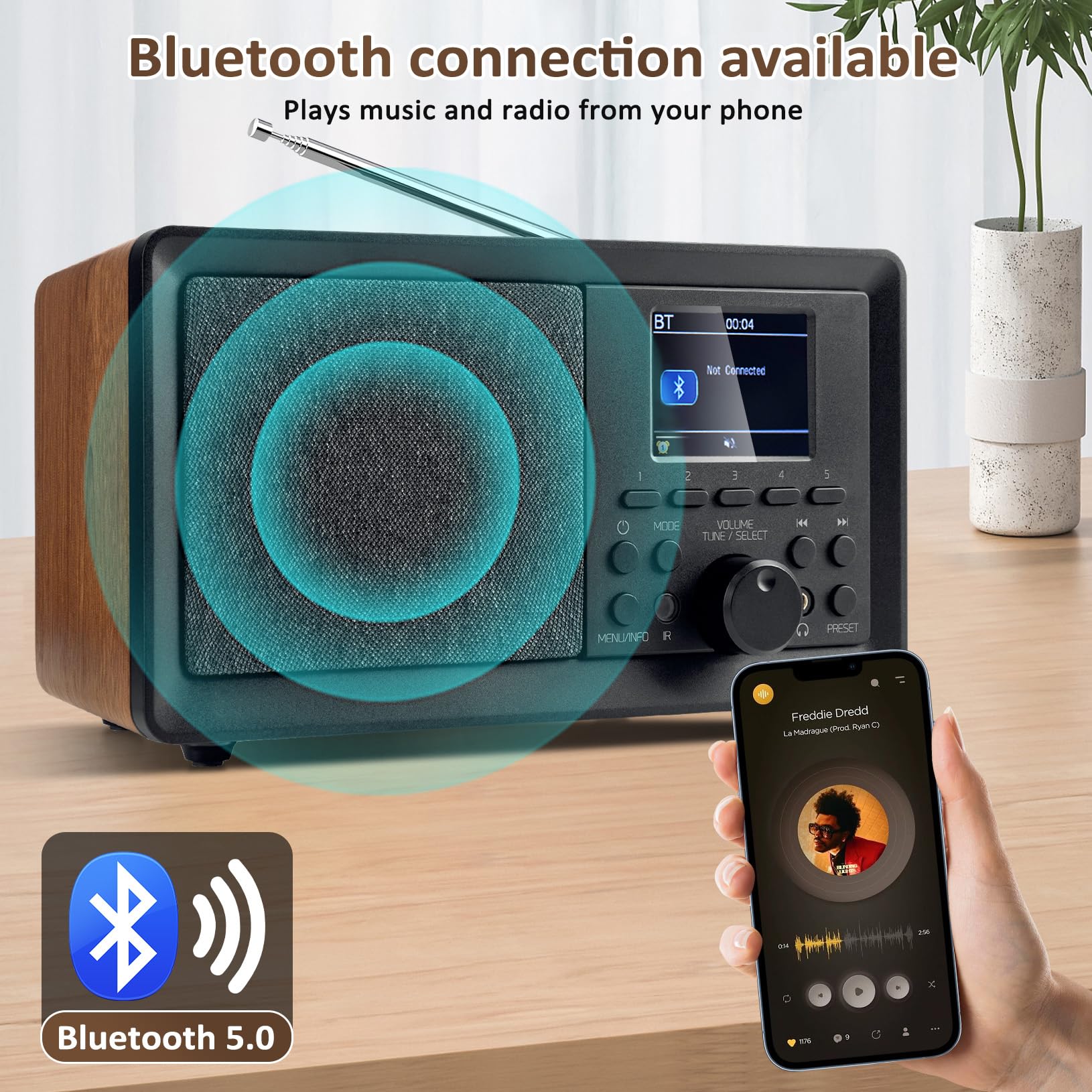 DAB Plus Radio/DAB+ mit Bluetooth 5.0 Digitalradio Nostalgieradios Tragbarer Retro Radio Holz AM/FM/UKW 2.4 Farbdisplay Küchenradio mit Fernbedienung Wecker Zweifacher (Holzmaserung)
