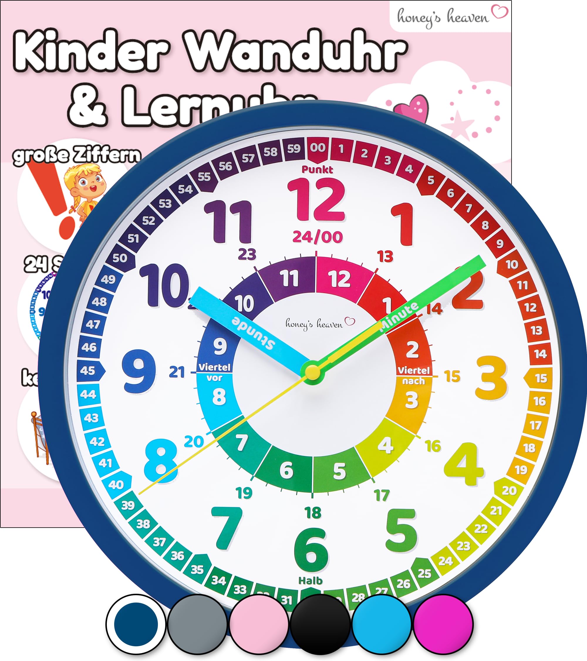 Honey's Heaven Wanduhr für Kinder - Lernuhr zum Lernen der Uhrzeit - analoge Kinderuhr ohne Tick Geräusche, mit lautlosem Uhrwerk - Kinderzimmer Deko für Jungen und Mädchen (dunkelblau)