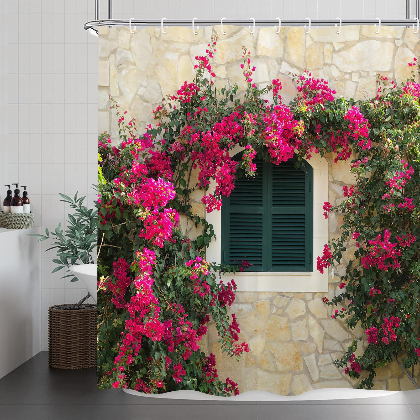 GOOESING Garden Shower Curtain Pink Purple Flower Vines Shower Curtain Landscape Bath Curtain with Hooks Bathroom Decor Washable Waterproof Fabric 180x180cm - Image 2