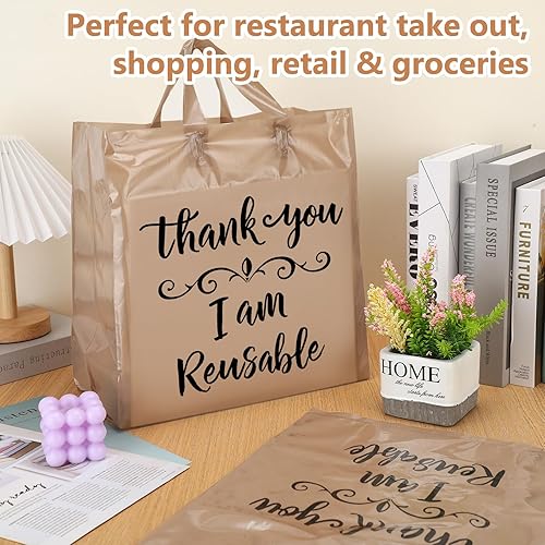 Miniatura 3 de 500 bolsas de compras con asas de 12 x 6.75 x 14 pulgadas, bolsas de plástico reutilizables de color marrón a granel de 2 mil, bolsa de regalo de