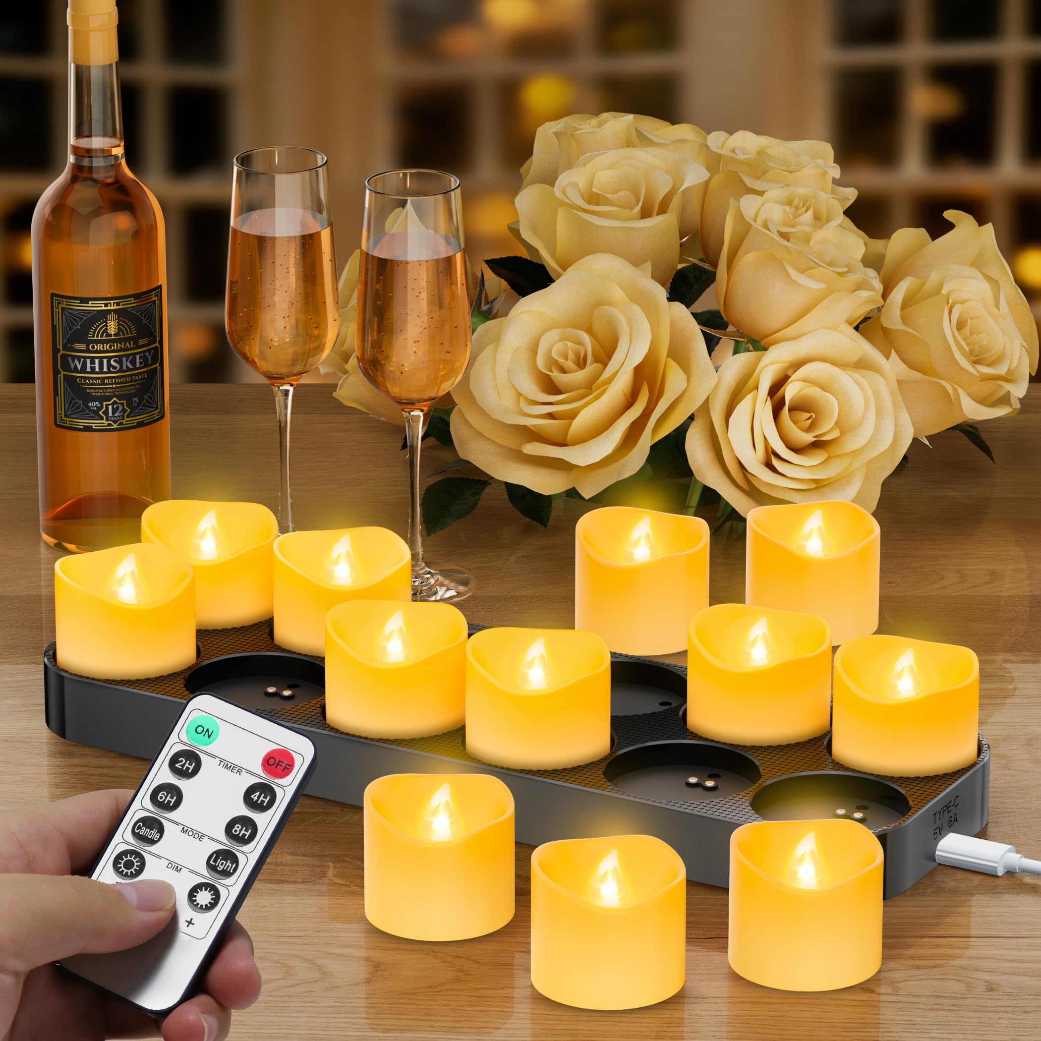 daphomeu 12 lumini a LED ricaricabili con telecomando e funzione timer, stazione di ricarica magnetica, funzionamento 100 H+, candele elettriche tremolanti per decorazioni natalizie e decorazioni da