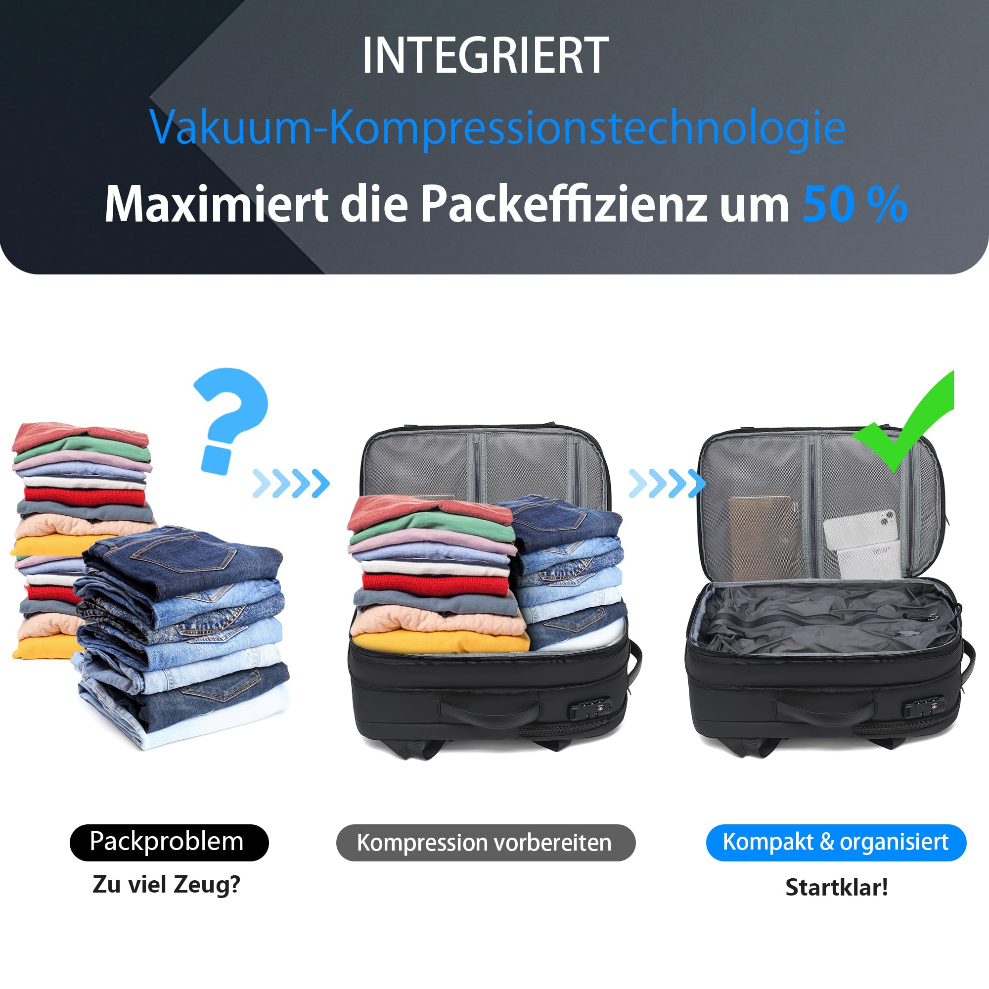 Zaino da viaggio sottovuoto, zaino espandibile a compressione sottovuoto da 60 litri, zaino impermeabile per laptop con lucchetto TSA e pompa a vuoto,nero