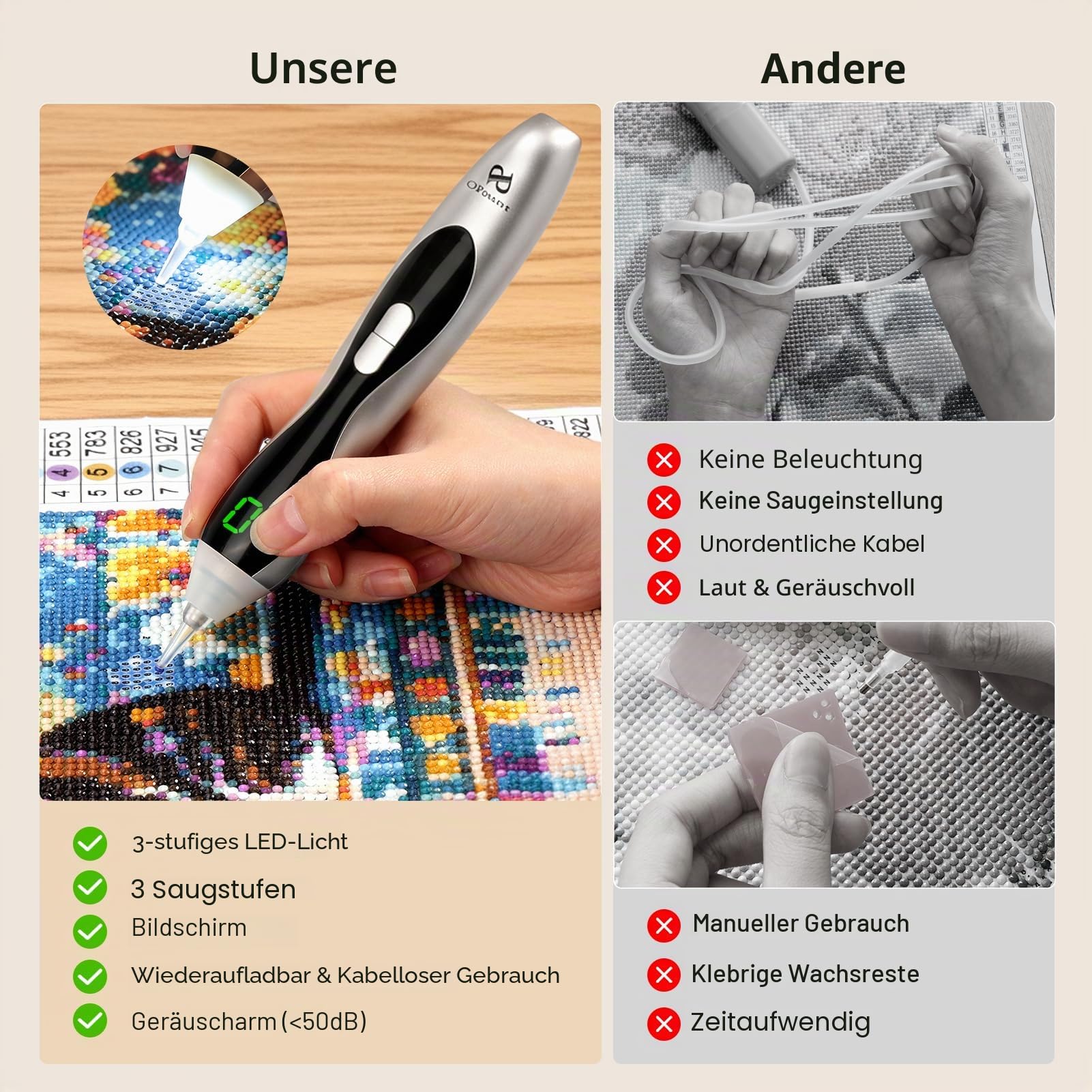 PP OPOUNT Elektrischer Diamond Painting Stift Silber mit LED Licht & Display, 3 Saugstufen, Kabellos & Wiederaufladbar, Leiser Vacuum Stift, Ergonomisches Diamond Painting Zubehör für Erwachsene