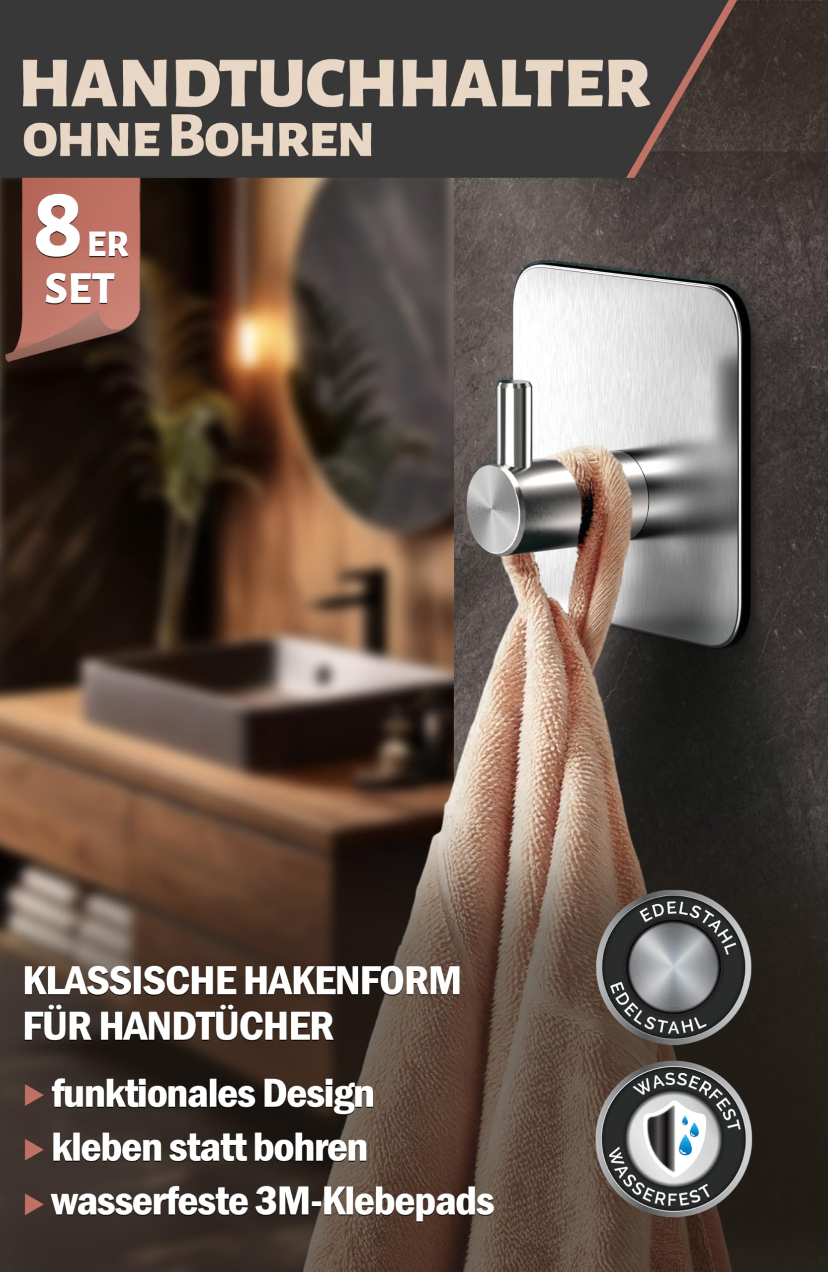 Menz Handdoekhouder zonder boren, 4 stuks - roestvrijstalen kleefhaken extra sterk, roestvrij, ideaal als handdoekhaak voor badkamer en keuken - premium haak zelfklevend incl. kleefpads