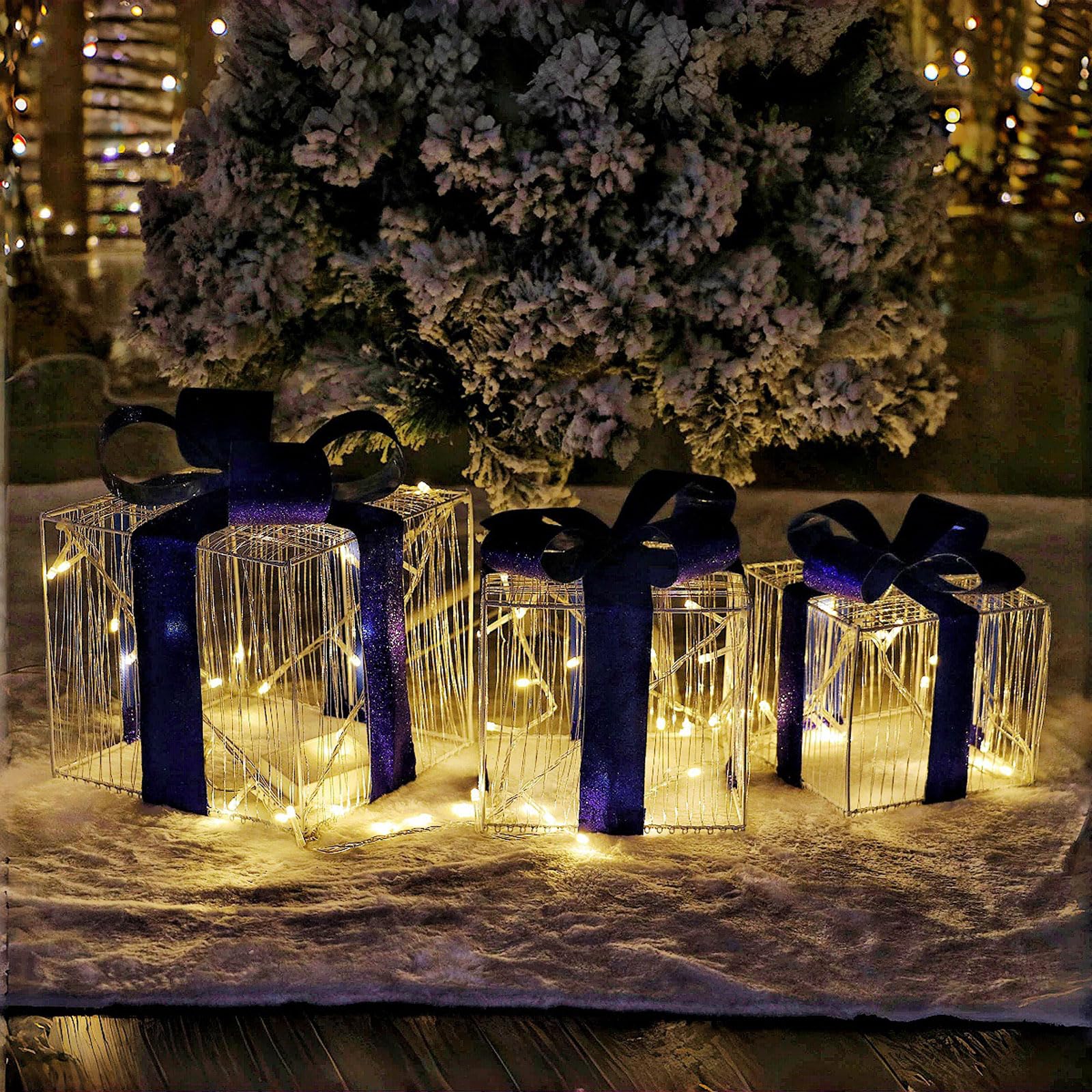 ozdoby świąteczne, Zestaw 3 pudełek prezentowych z lampkami świątecznymi w kolorze niebieskim, 14-19 cm, diodami LED (pudełko prezentowe)((Without Light) Gift Box)