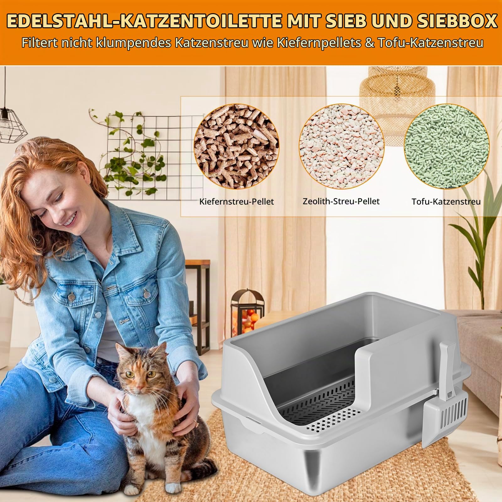 Homegroove Edelstahl-Katzenstreukasten für Kiefernpellets, 60 x 40 x 20 cm, hoher Rand, Metall-Katzenstreukasten mit Deckel für Wohnungskatzen, mit Kunststoffschaufel und 10 Urinpads (8 Inch)