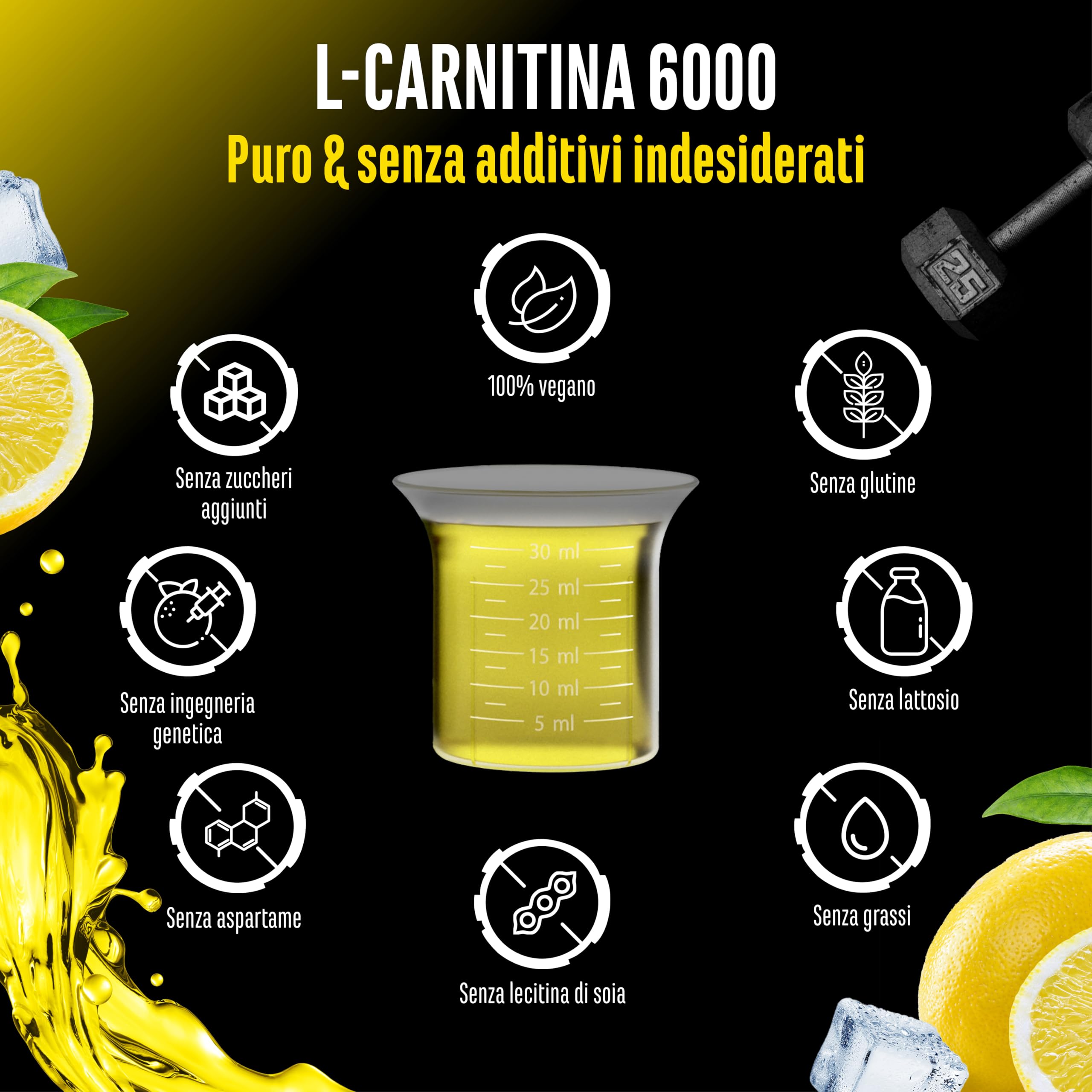 L-Carnitina 6000 Liquido - 1000 ml - Dosaggio extra elevato con 6000 mg di L-carnitina pura per dose giornaliera - Bevanda aminoacida per l'allenamento - Gusto delizioso (Lemon Boost) - Vegano