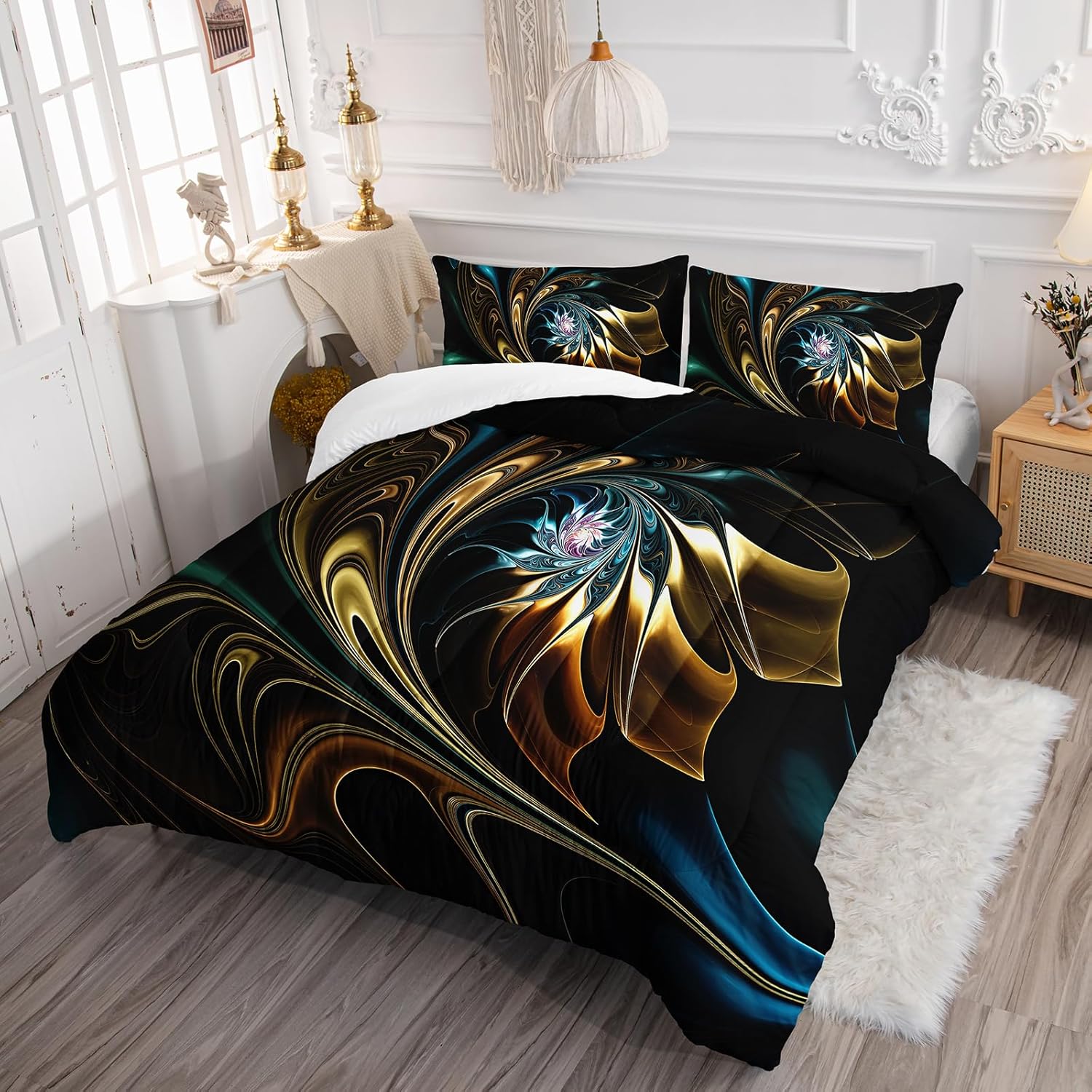 3pcs Comforter Set, Modern Fashion Black and Golden Quicksand Floral Print Bedding Set, Soft Comfortable Duvet, Perfect for Bedroom or Guest Room Decor