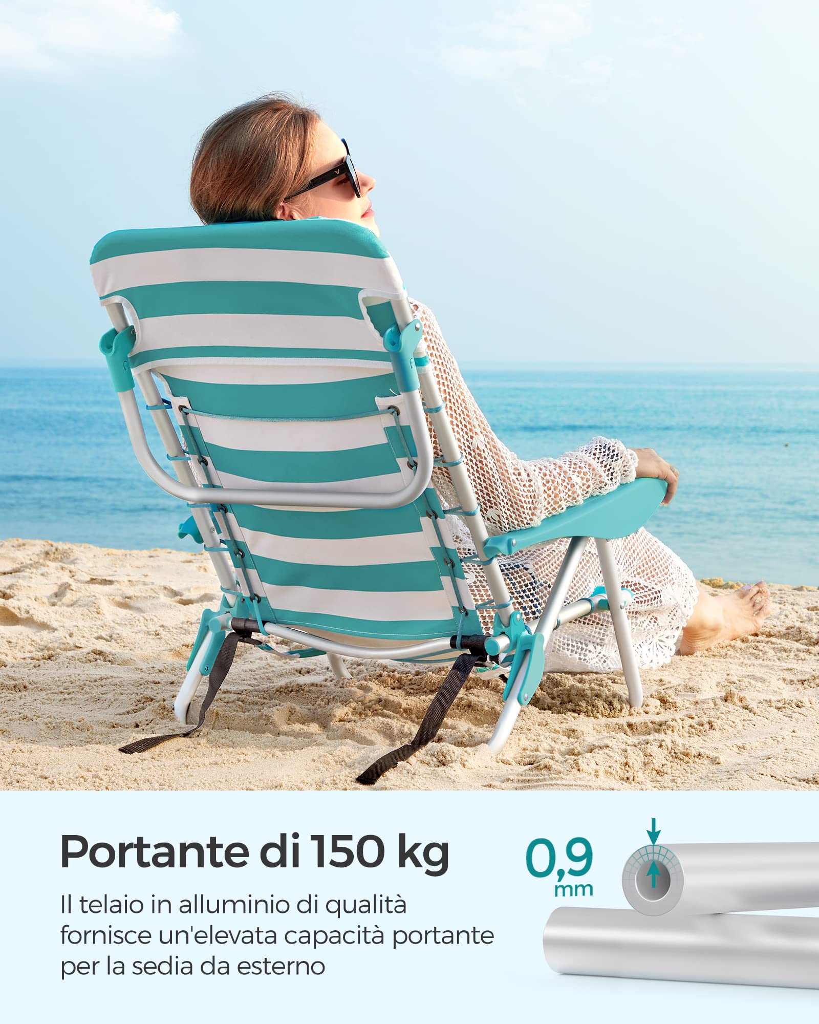 SONGMICS Sedia da spiaggia, sedia da campeggio pieghevole, con tracolla, schienale regolabile, poggiatesta, bracciolo, 2 tasche laterali, verde e bianco GCB62JW