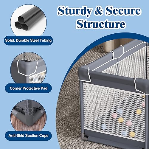 Miniatura 2 de Jixrolyn Corralito para bebés con alfombra, patio de juegos para bebés de 50 x 50 pulgadas con tapete de juego, corral para niños pequeños con malla